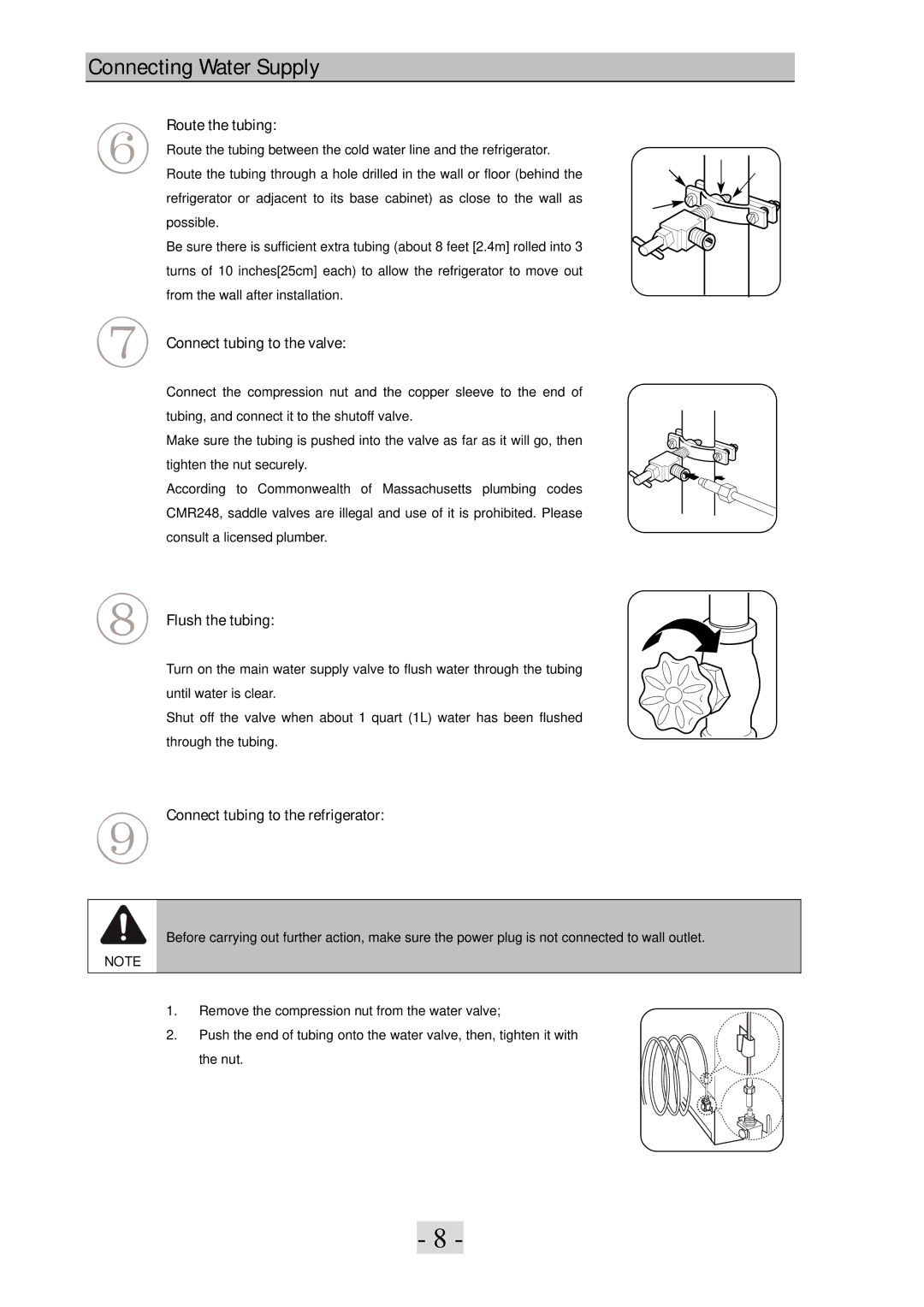 Haier PBFS21EDAE-U Route the tubing, Connect tubing to the valve, Flush the tubing, Connect tubing to the refrigerator 