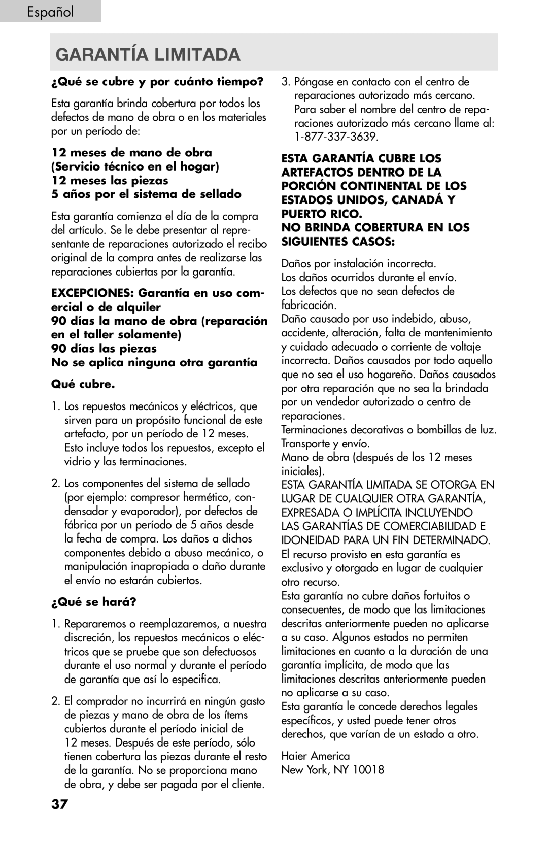 Haier PRFS25 user manual Garantía limitada, ¿Qué se cubre y por cuánto tiempo? 