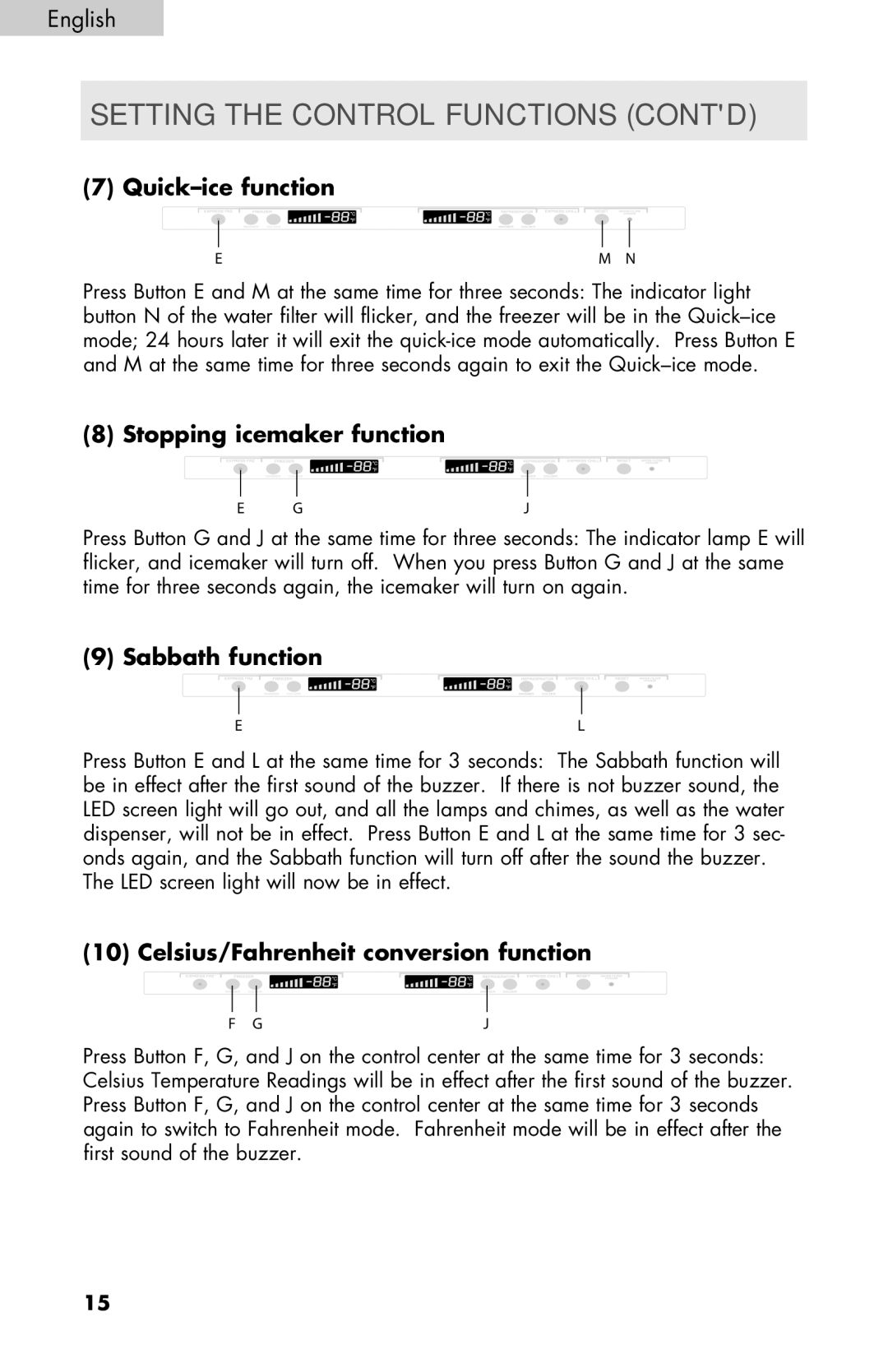 Haier PRFS25 Quick-ice function, Stopping icemaker function, Sabbath function, Celsius/Fahrenheit conversion function 