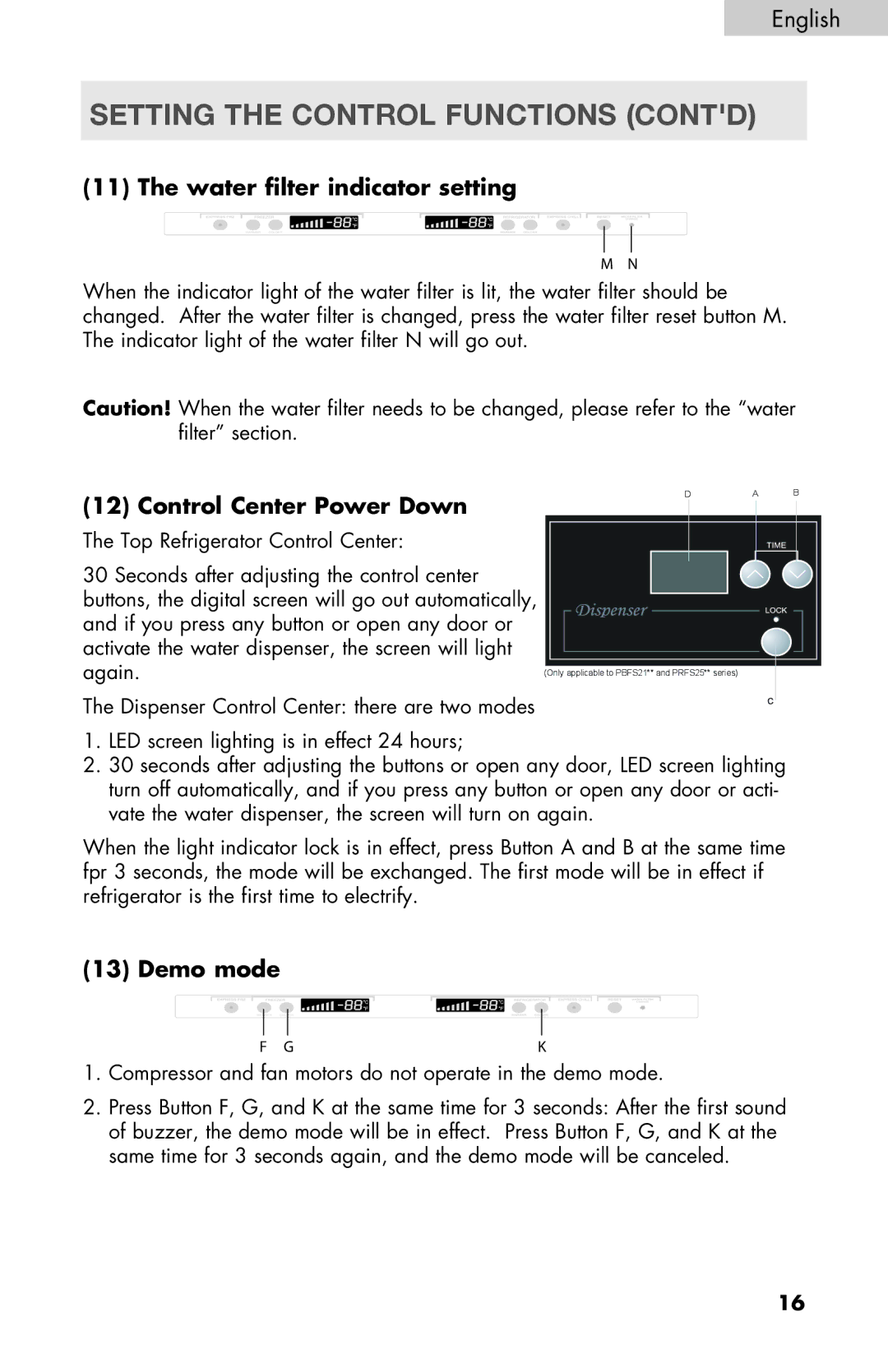 Haier PRFS25 user manual Water filter indicator setting, Control Center Power Down, Demo mode 