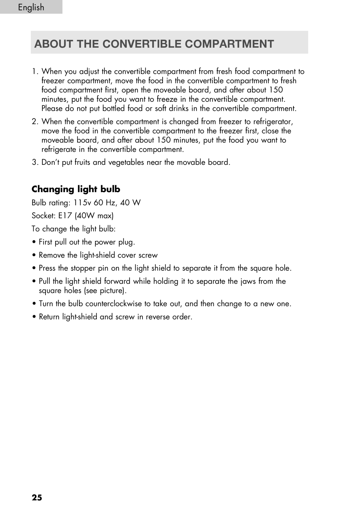 Haier PRFS25 user manual About the Convertible Compartment, Changing light bulb 