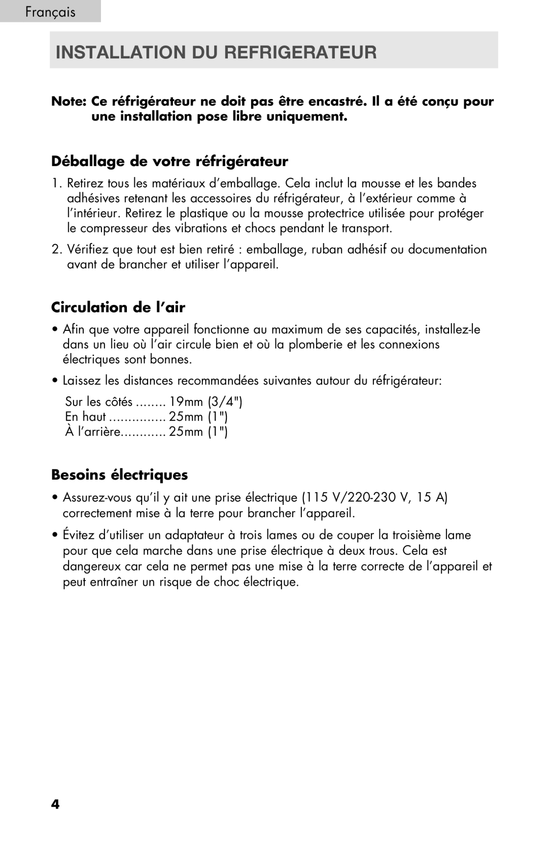 Haier PRFS25 Installation DU Refrigerateur, Déballage de votre réfrigérateur, Circulation de l’air, Besoins électriques 