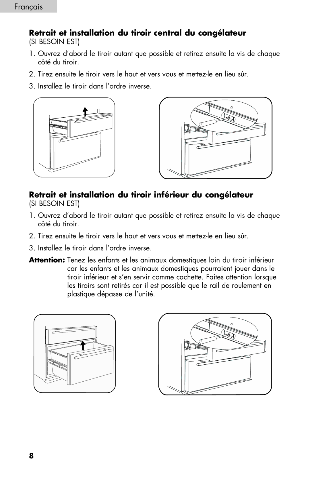 Haier PRFS25 user manual Retrait et installation du tiroir central du congélateur 