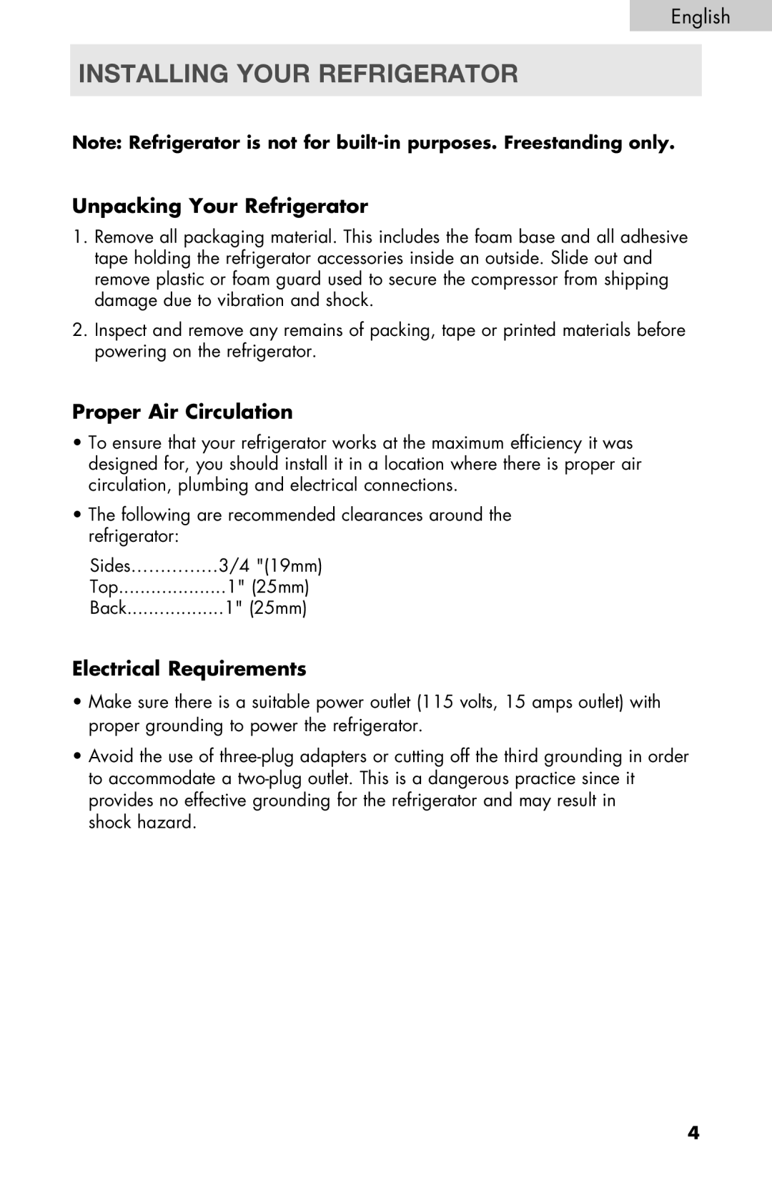 Haier PRFS25 Installing your refrigerator, Unpacking Your Refrigerator, Proper Air Circulation, Electrical Requirements 