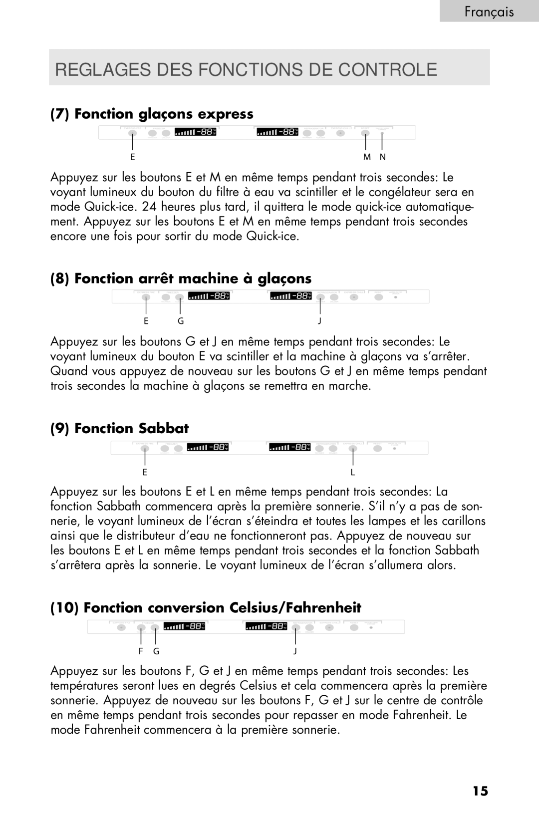 Haier PRFS25 user manual Fonction glaçons express, Fonction arrêt machine à glaçons, Fonction Sabbat 