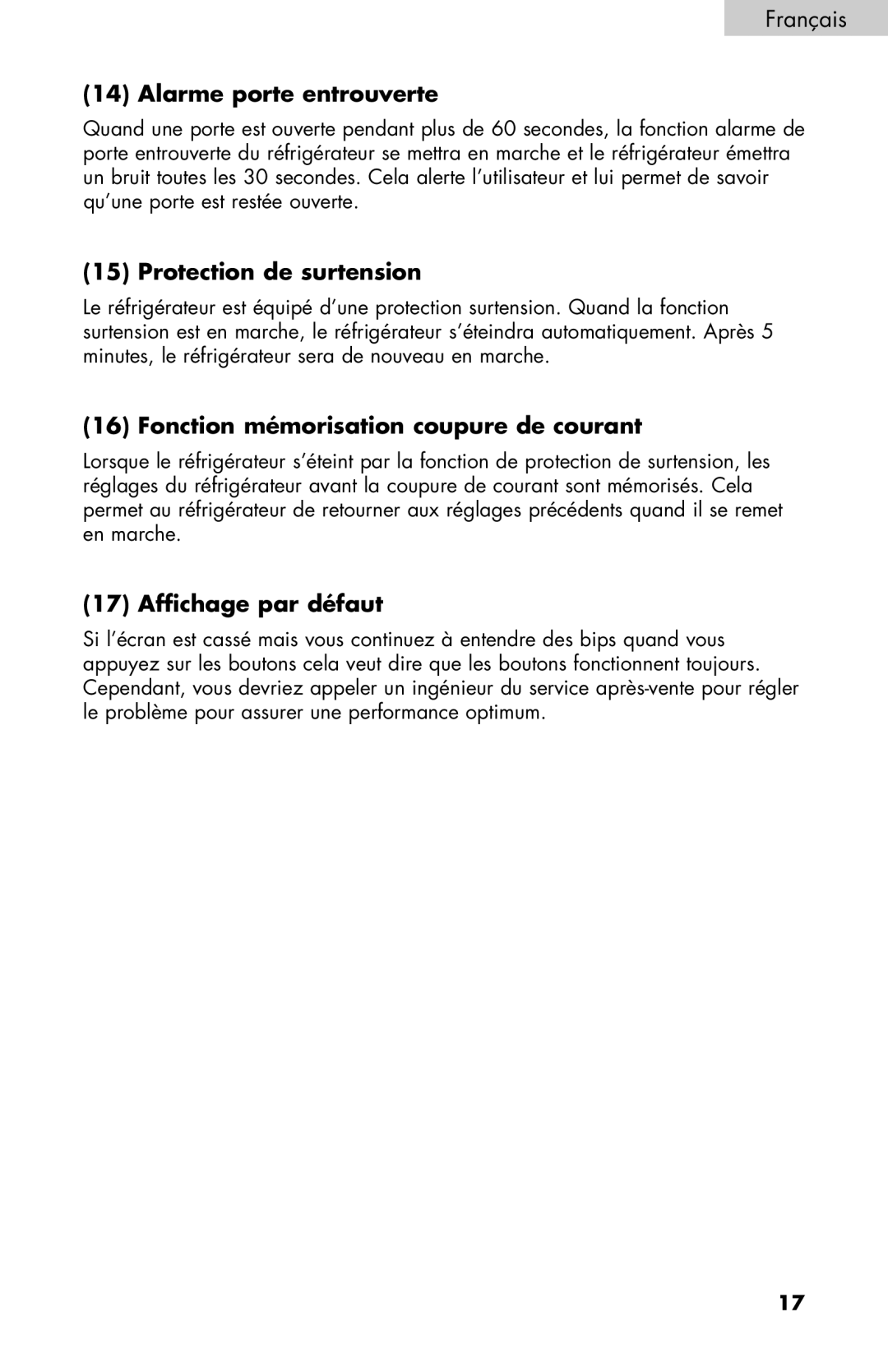 Haier PRFS25 user manual Alarme porte entrouverte, Protection de surtension, Fonction mémorisation coupure de courant 