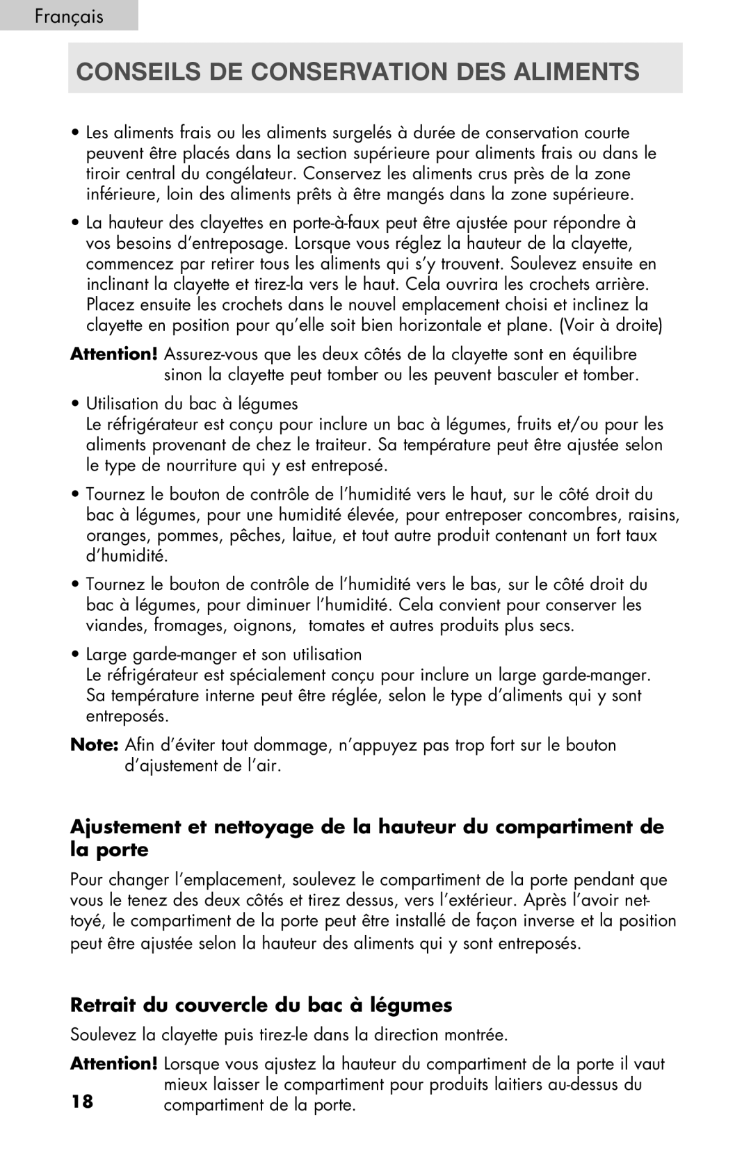 Haier PRFS25 user manual Conseils DE Conservation DES Aliments, Retrait du couvercle du bac à légumes 