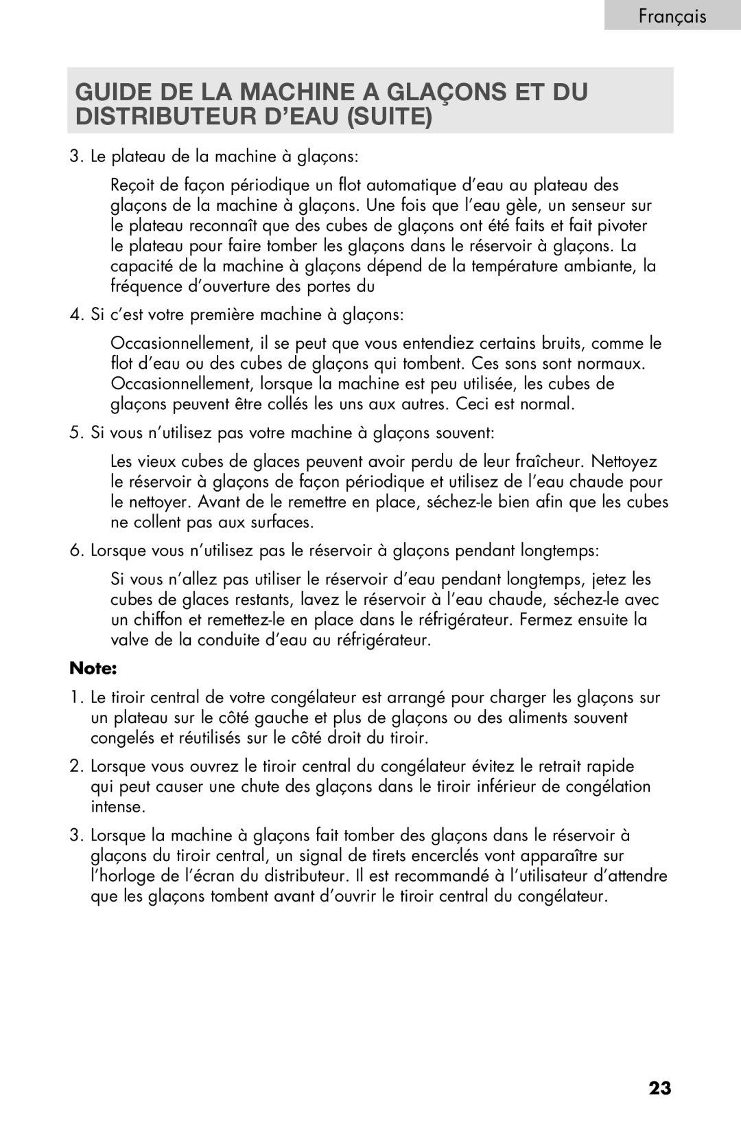 Haier PRFS25 user manual Guide DE LA Machine a Glaçons ET DU Distributeur D’EAU Suite 