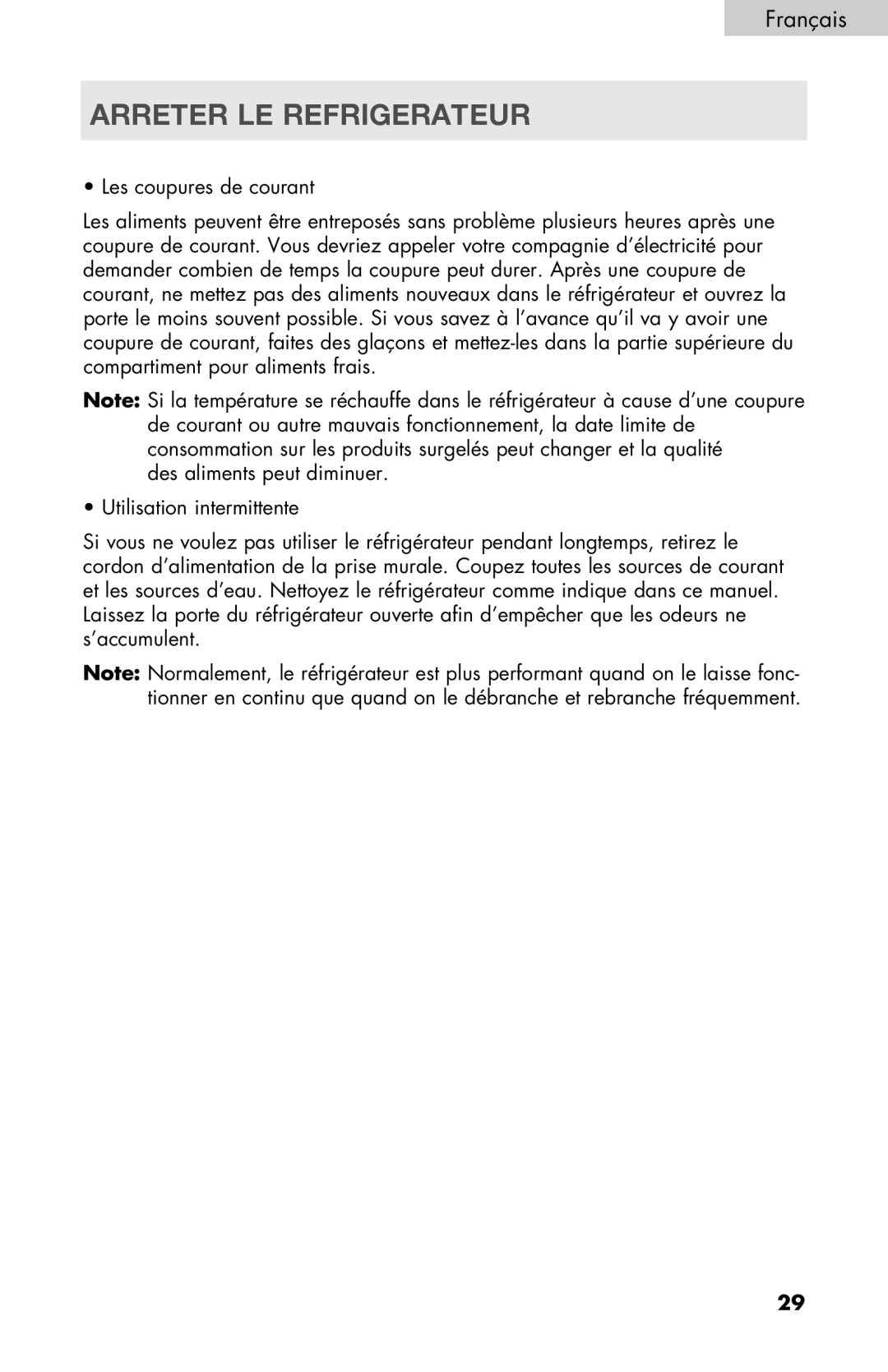 Haier PRFS25 user manual Arreter LE Refrigerateur 