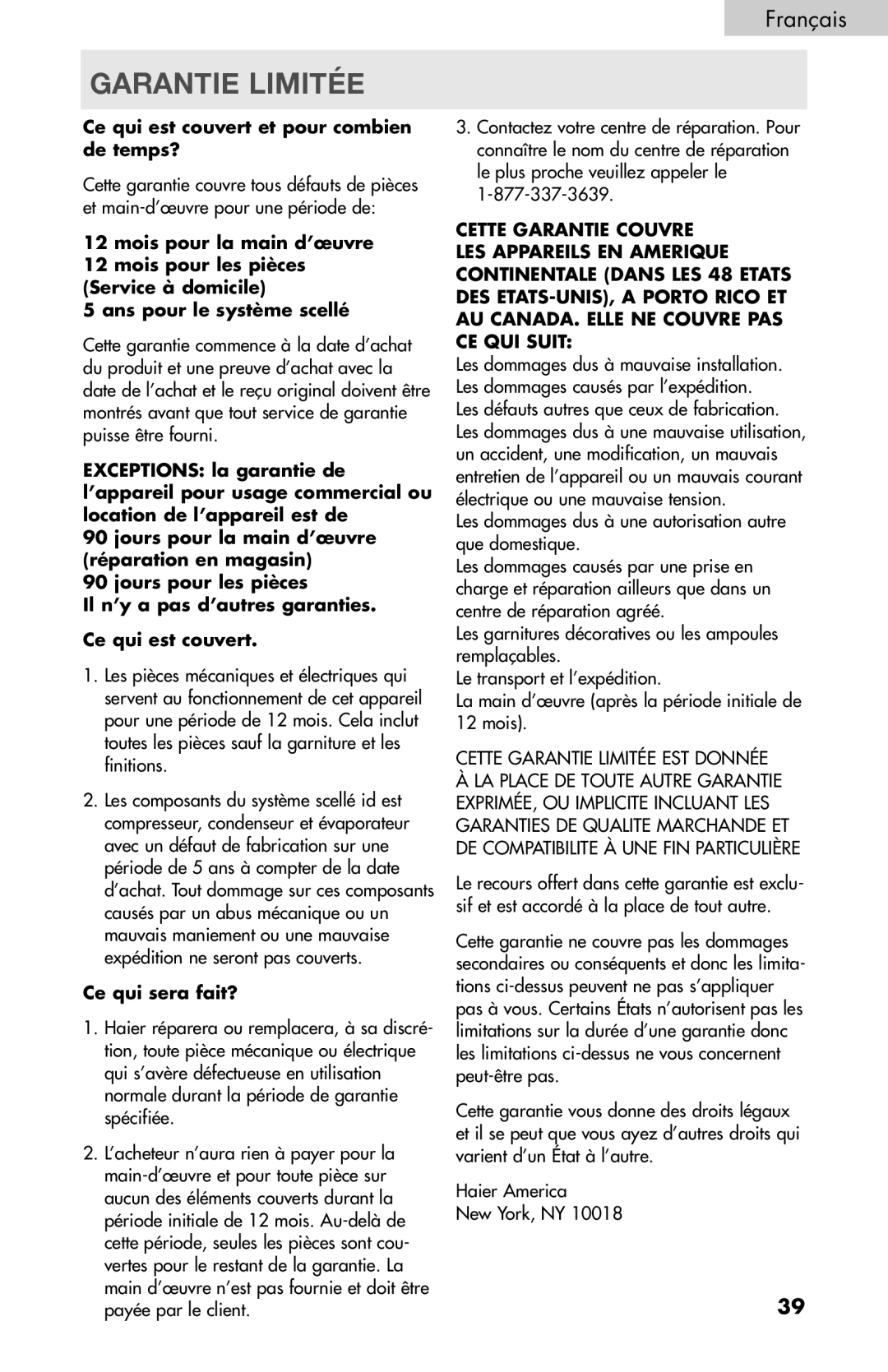 Haier PRFS25 user manual Garantie Limitée, Ce qui sera fait? 