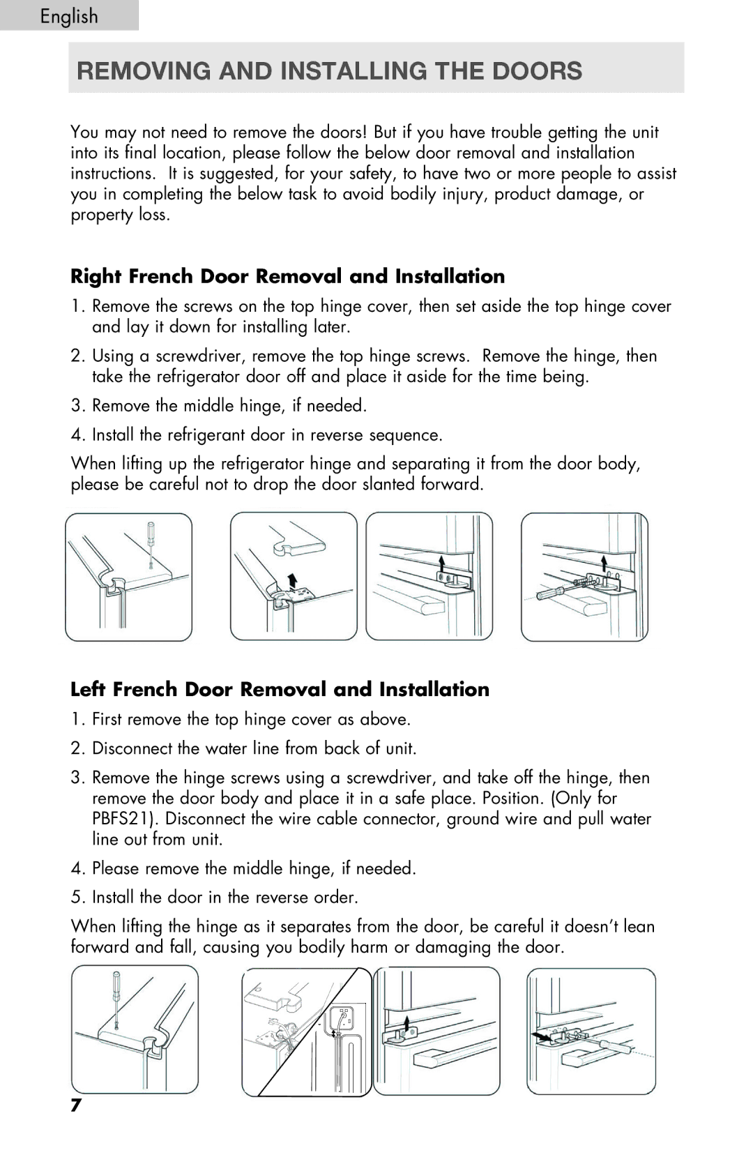 Haier PRFS25 user manual Removing and Installing the Doors, Right French Door Removal and Installation 