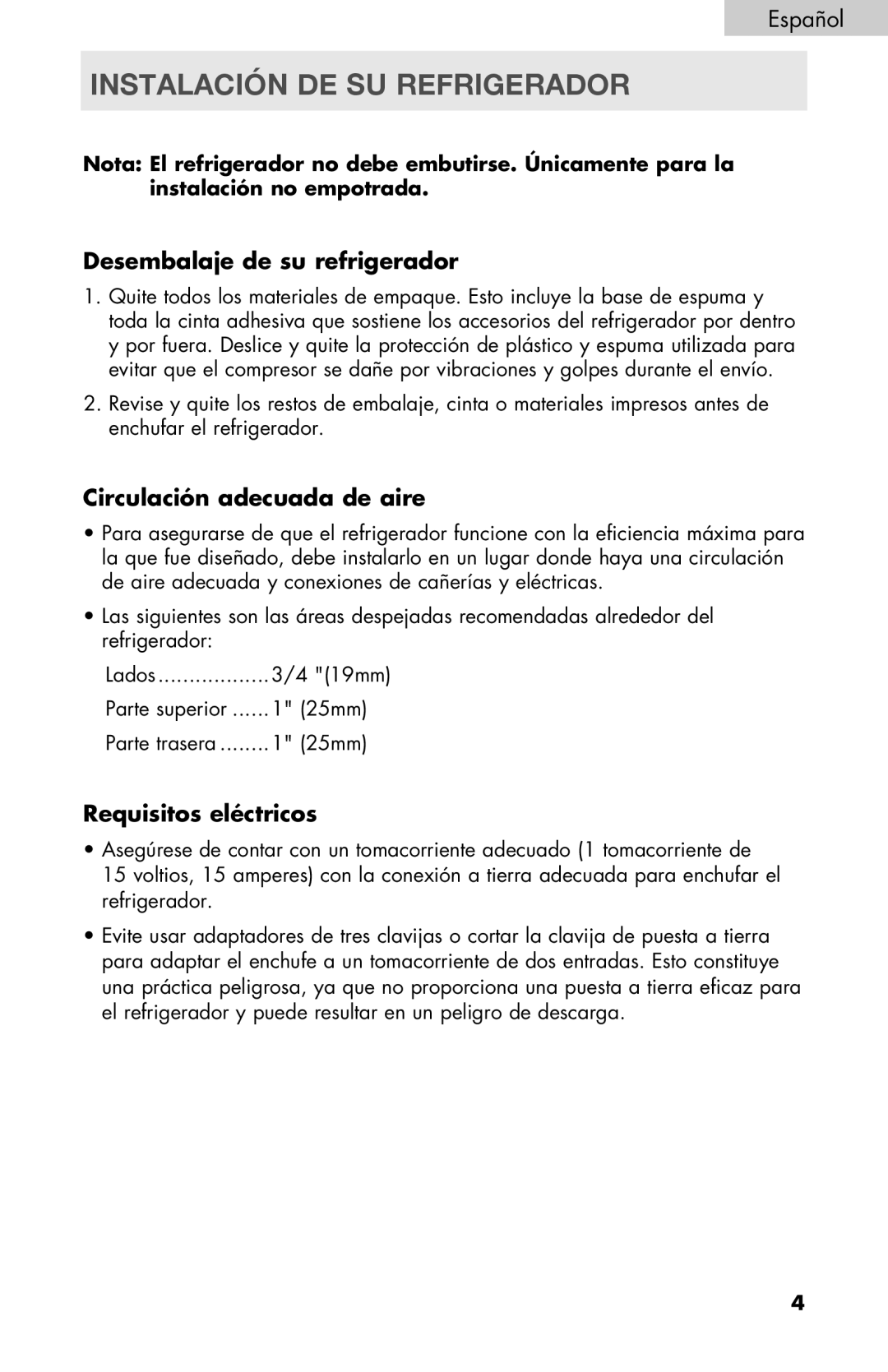 Haier PRFS25 user manual Instalación DE SU Refrigerador, Desembalaje de su refrigerador, Circulación adecuada de aire 