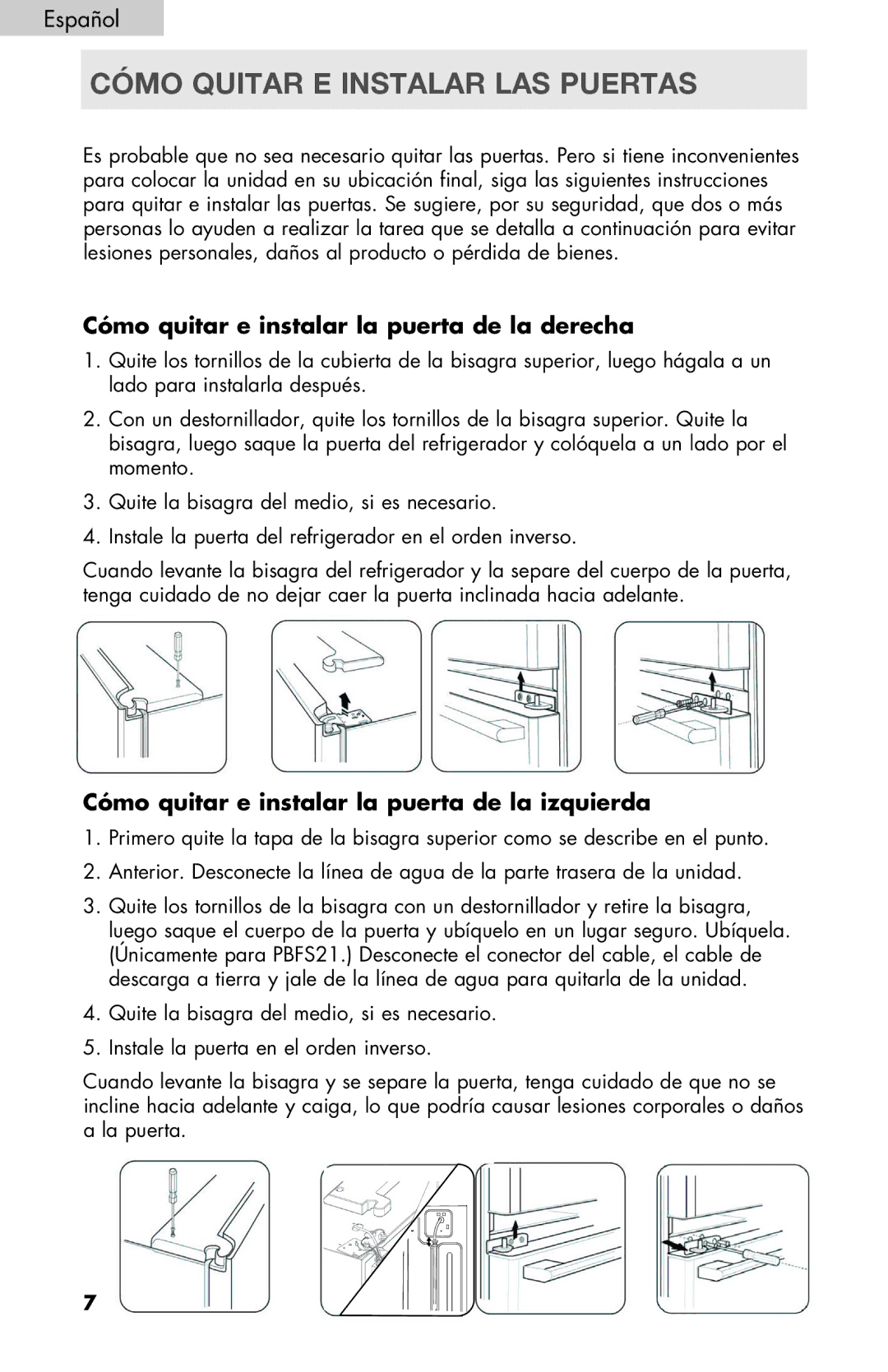 Haier PRFS25 user manual Cómo Quitar E Instalar LAS Puertas, Cómo quitar e instalar la puerta de la derecha 