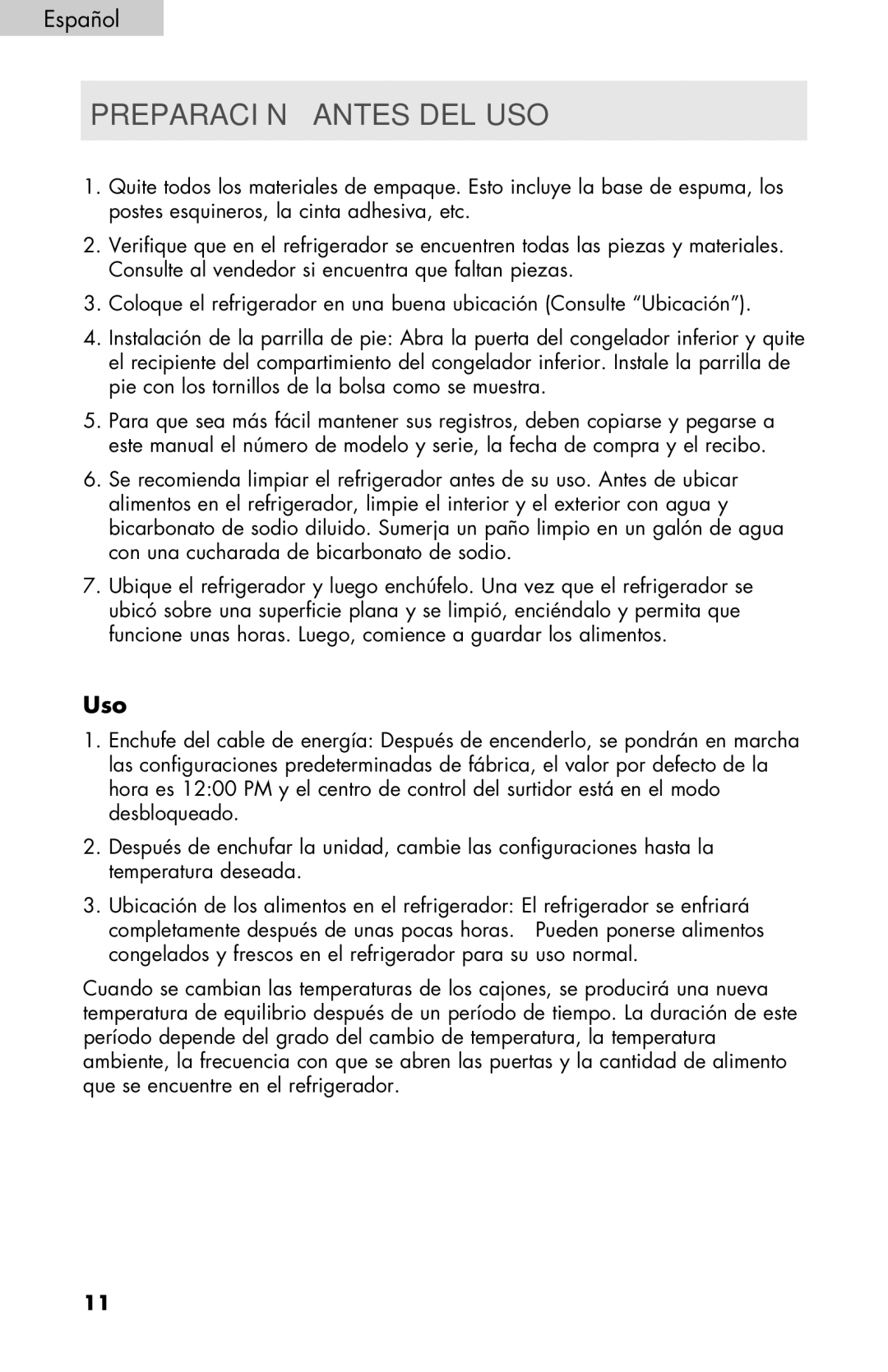 Haier PRFS25 user manual Preparación Antes DEL USO, Uso 