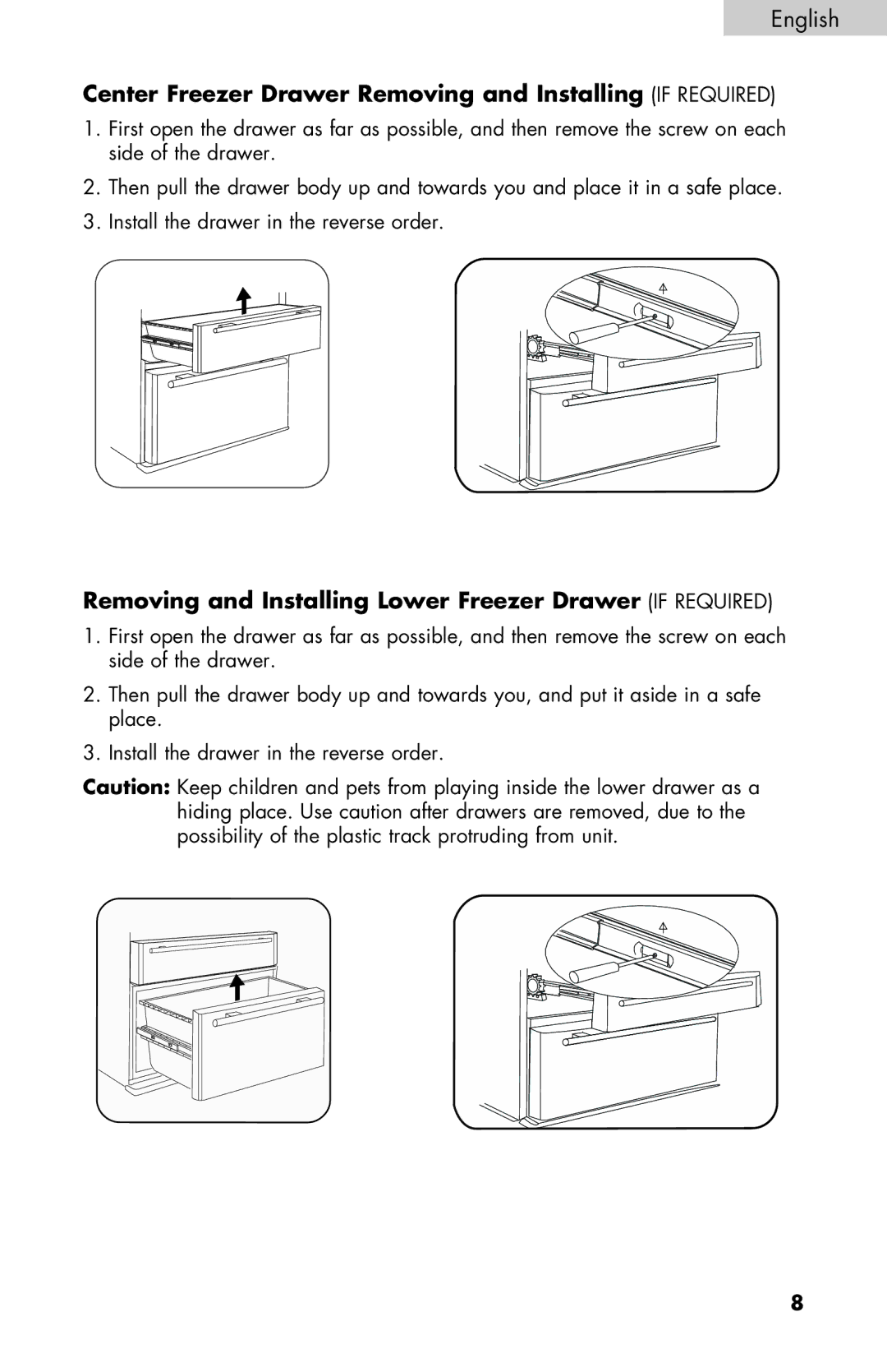 Haier PRFS25 user manual Center Freezer Drawer Removing and Installing if Required 