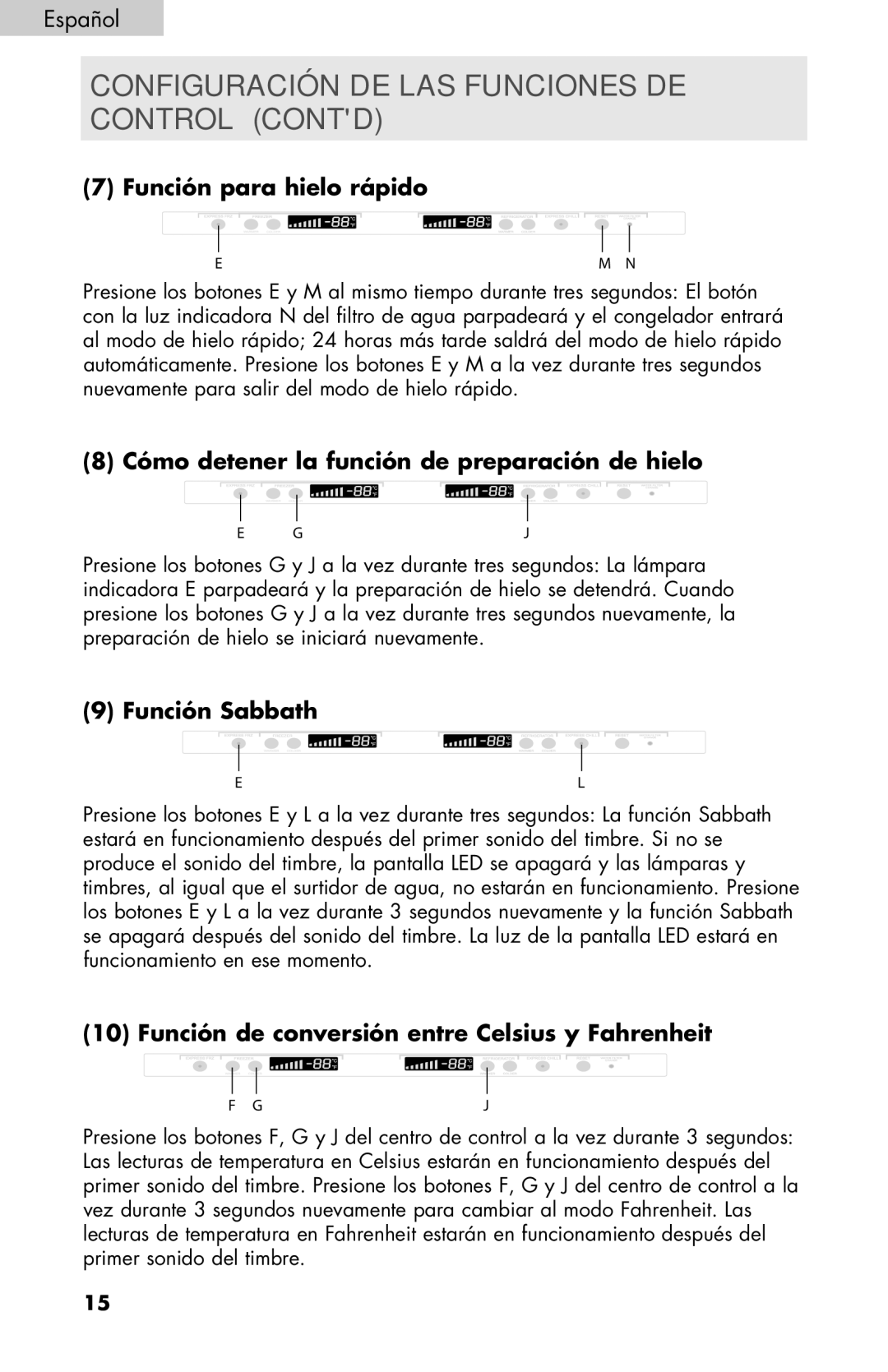 Haier PRFS25 user manual Función para hielo rápido, Cómo detener la función de preparación de hielo, Función Sabbath 