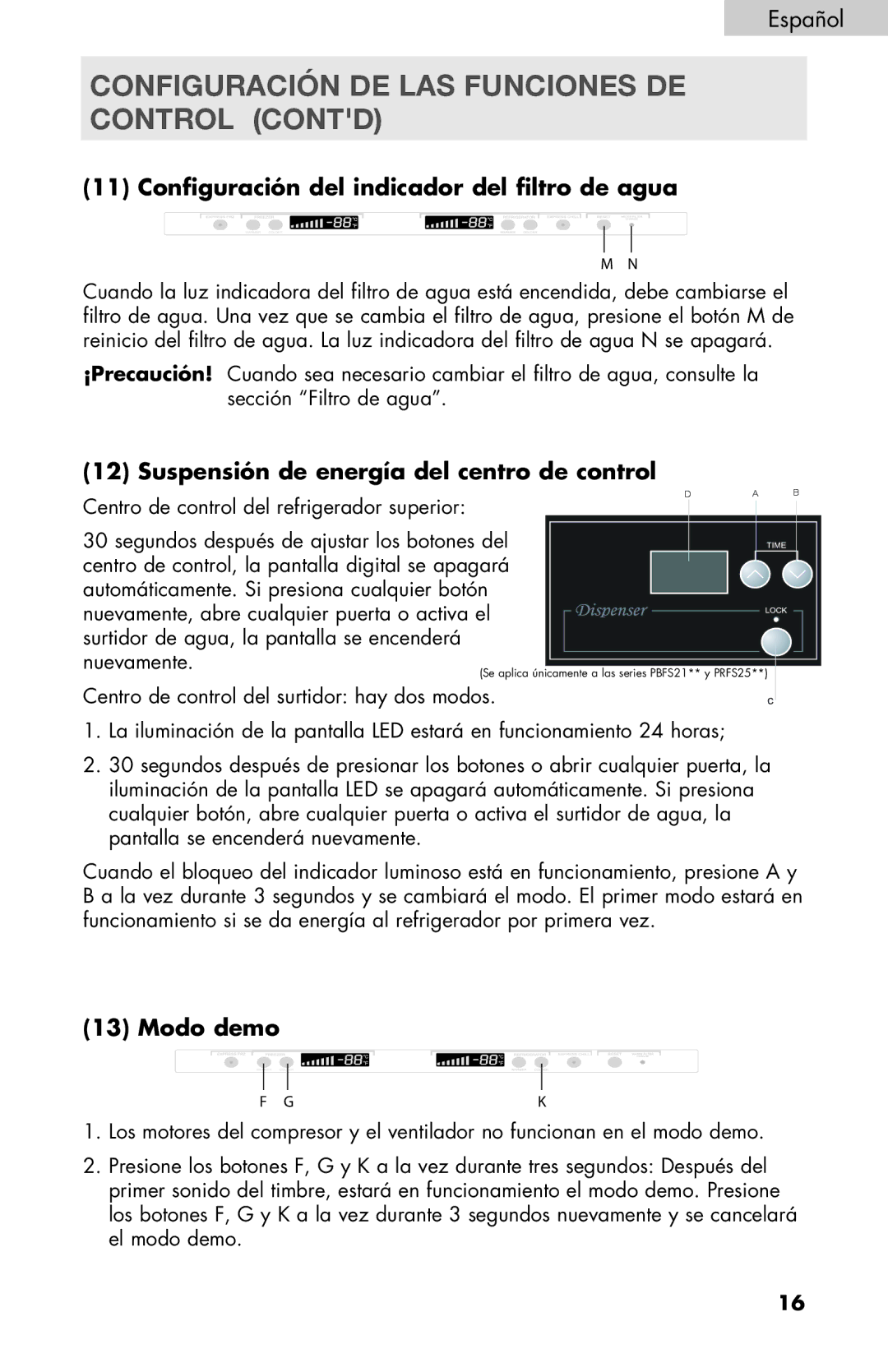 Haier PRFS25 Configuración del indicador del filtro de agua, Suspensión de energía del centro de control, Modo demo 