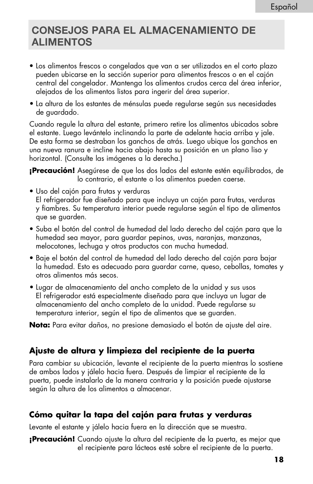 Haier PRFS25 Consejos Para EL Almacenamiento DE Alimentos, Ajuste de altura y limpieza del recipiente de la puerta 