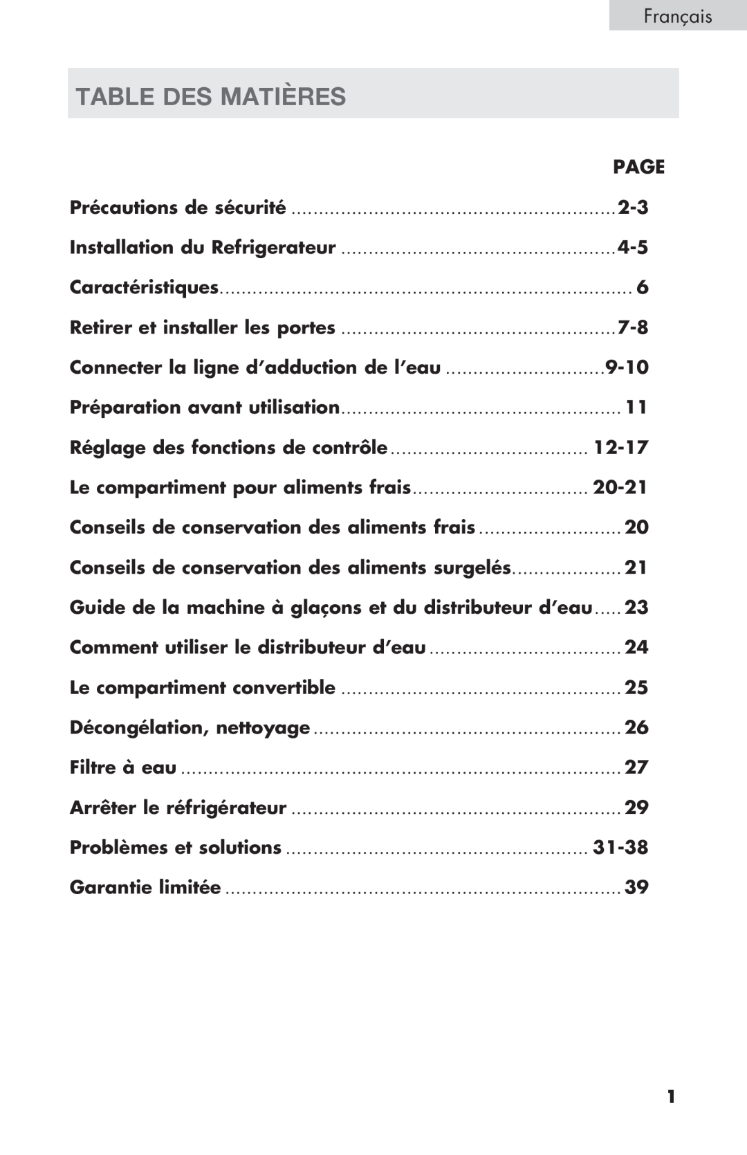 Haier PRFS25 Table Des Matières, Français, Réglage des fonctions de contrôle, Le compartiment pour aliments frais, 20-21 