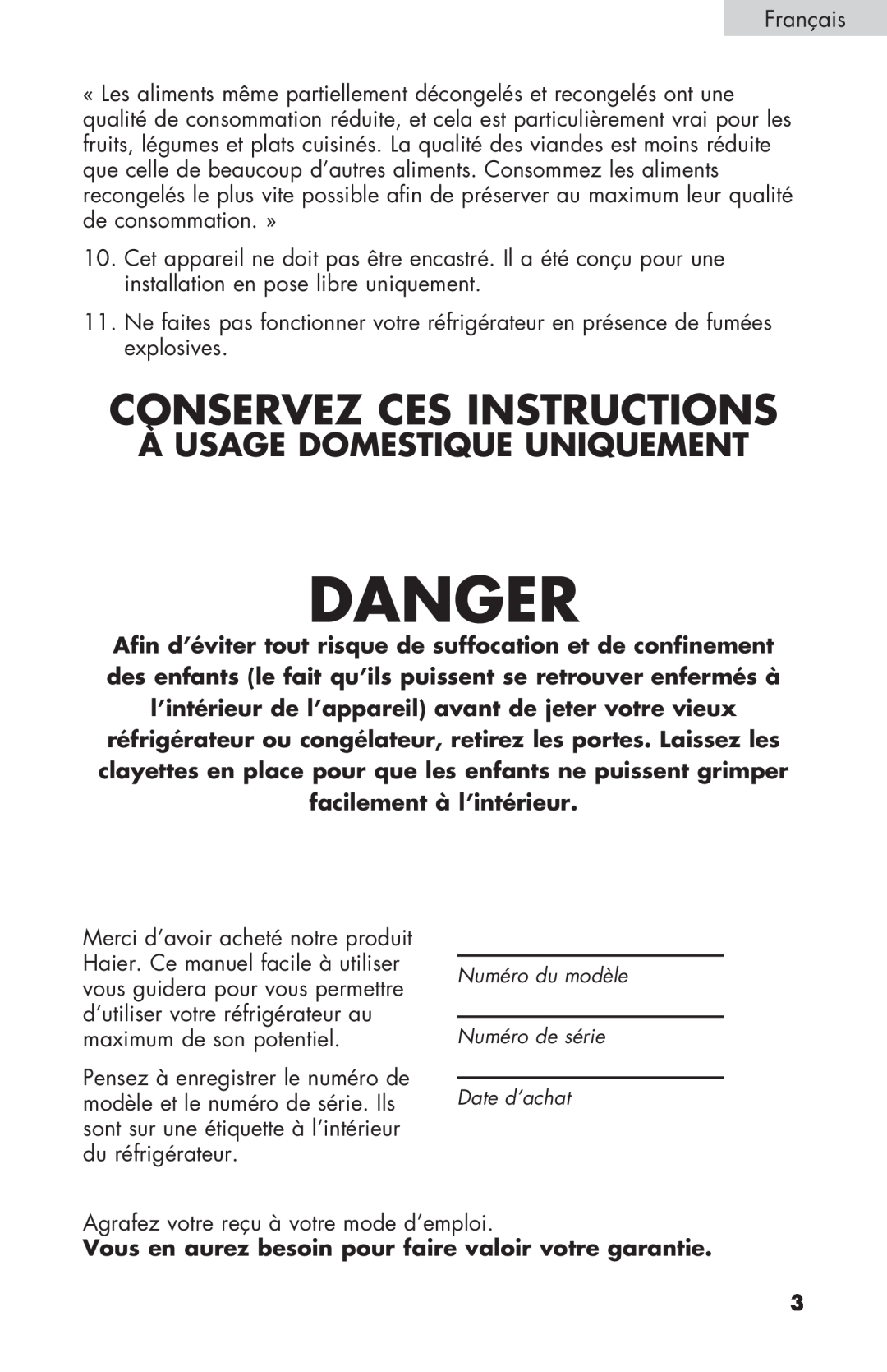 Haier PRFS25 user manual Conservez Ces Instructions, À Usage Domestique Uniquement, Danger 