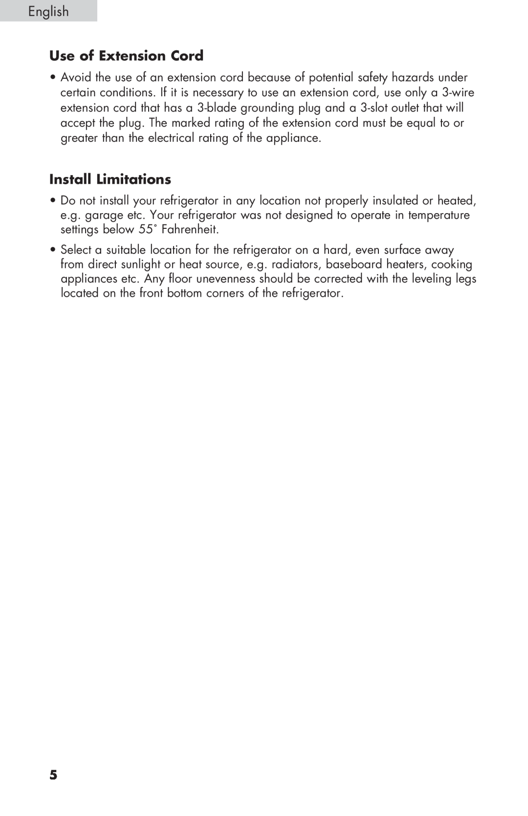 Haier PRFS25 user manual Use of Extension Cord, Install Limitations 