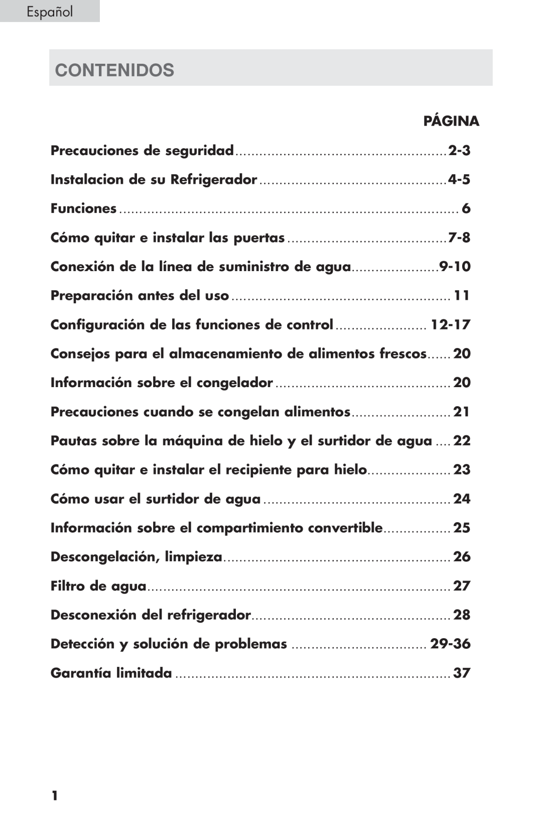 Haier PRFS25 Contenidos, Español, Página, Conexión de la línea de suministro de agua, Detección y solución de problemas 