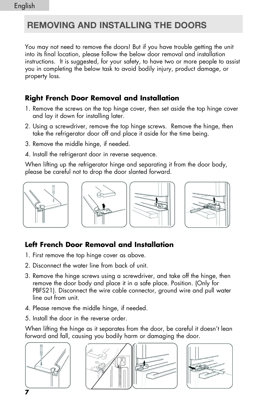 Haier PRFS25 user manual Removing And Installing The Doors, Right French Door Removal and Installation 