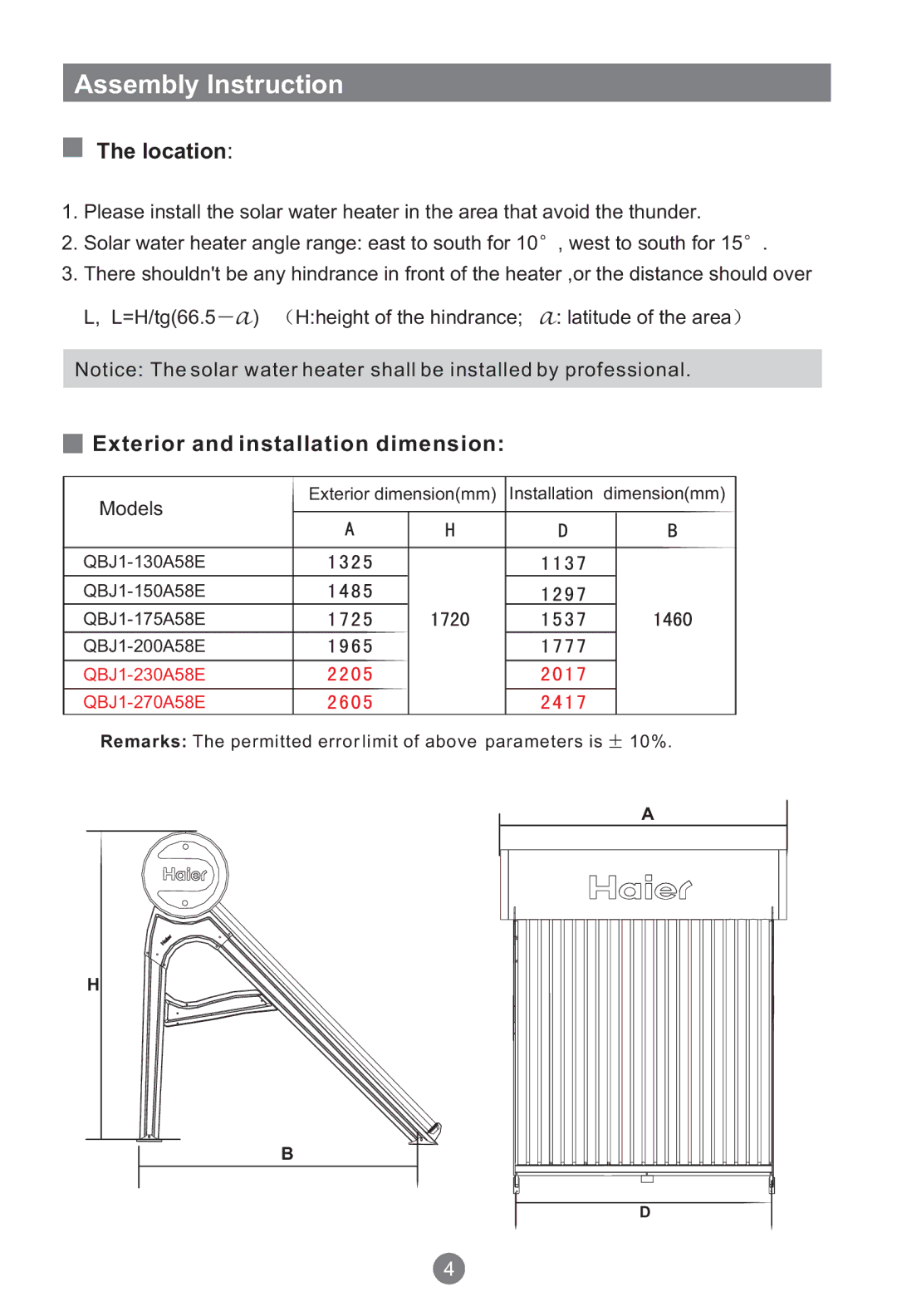 Haier QBJ1-270A58E, QBJ1-130A58E, QBJ1-230A58E manual Assembly Instruction, Location, Exterior and installation dimension 