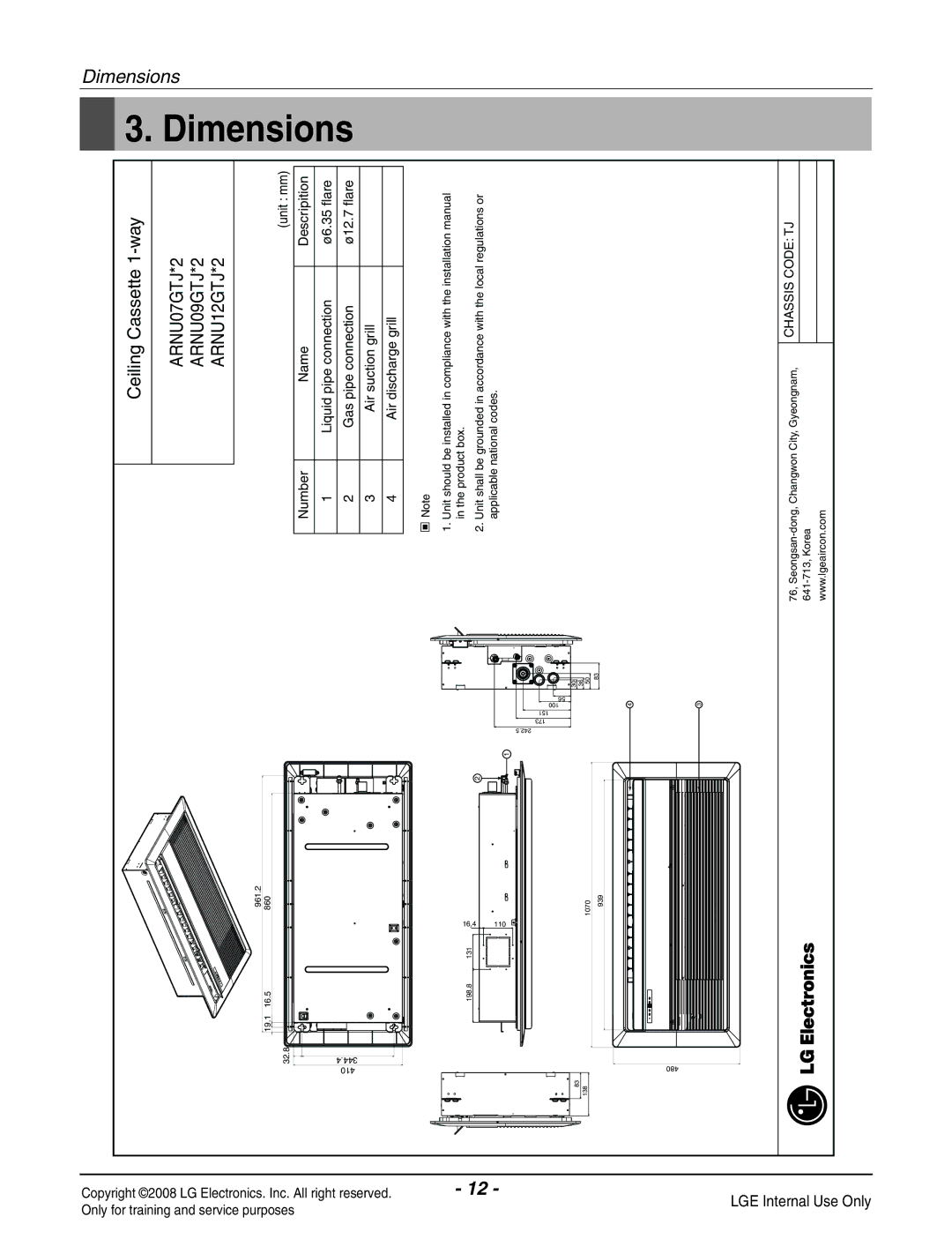 Haier R410A service manual Dimensions, Ceiling Cassette 1-way, ARNU07GTJ*2 ARNU09GTJ*2 ARNU12GTJ*2 