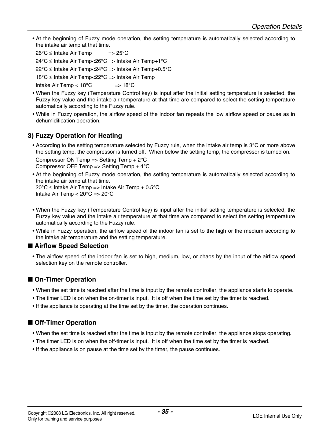 Haier R410A service manual Fuzzy Operation for Heating, Airflow Speed Selection, On-Timer Operation, Off-Timer Operation 