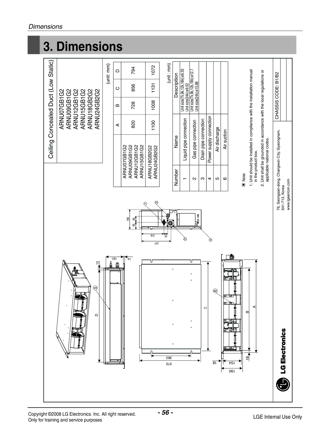 Haier R410A service manual Dimensions, Ceiling Concealed Duct Low Static 