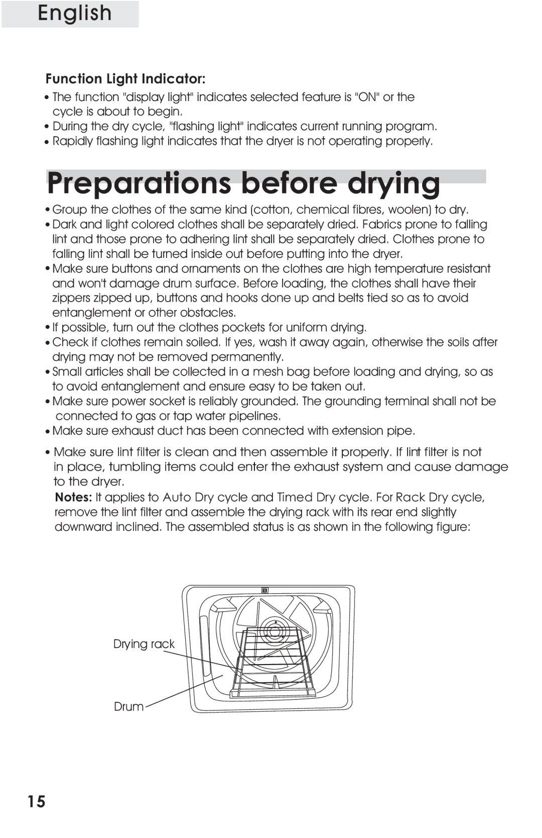 Haier CRDE400AW, CRDE200AW user manual Preparations before drying, Function Light Indicator 