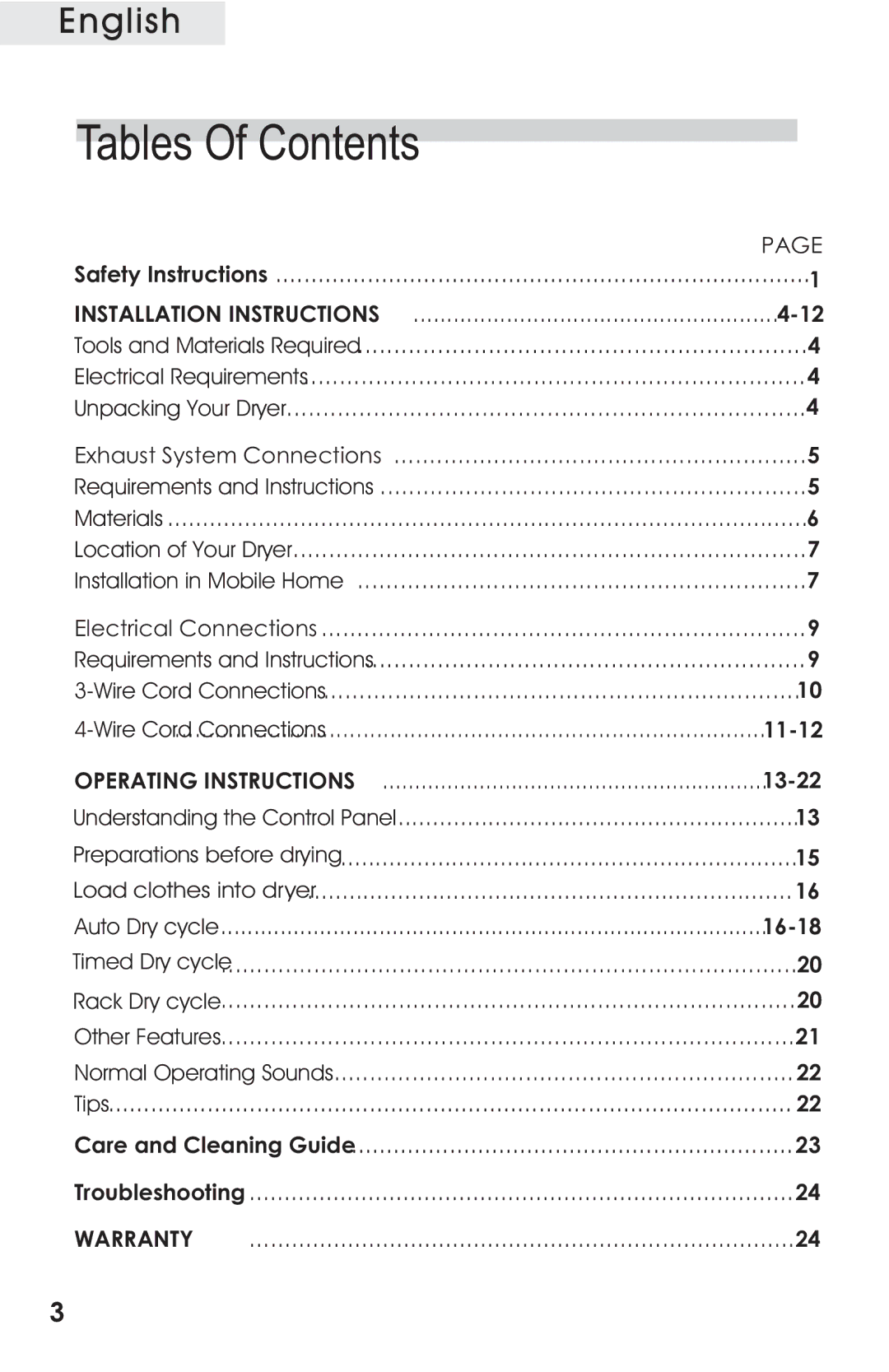 Haier CRDE400AW, CRDE200AW user manual Tables Of Contents 