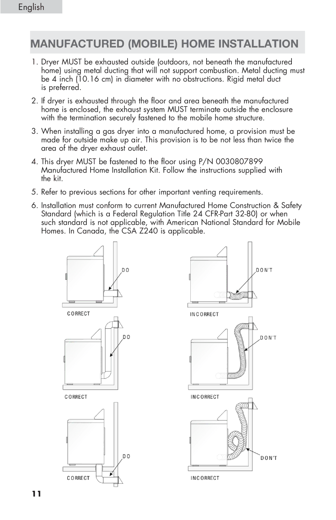 Haier RDE/RDG 350AW user manual Manufactured Mobile Home Installation 