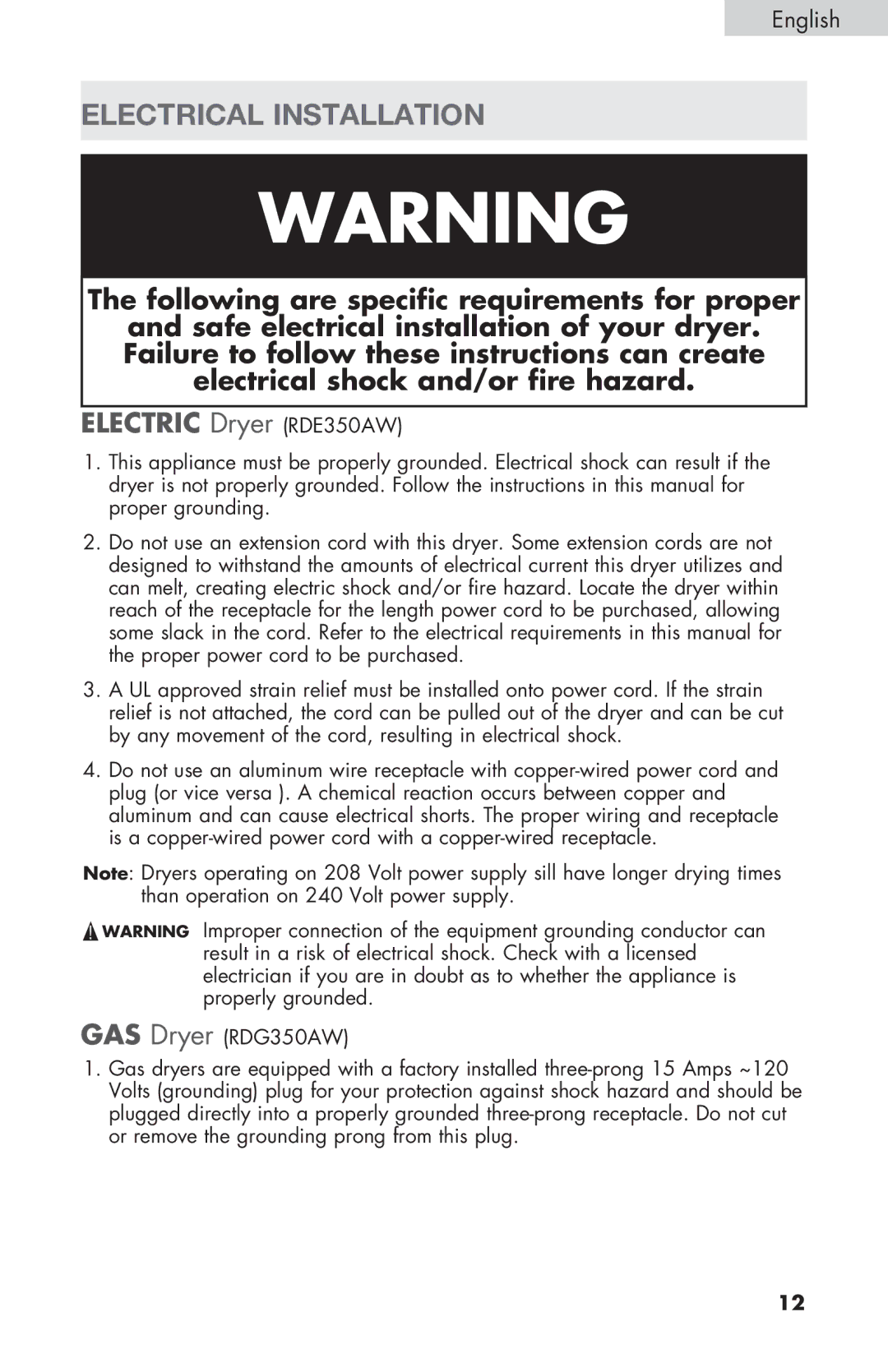 Haier RDE/RDG 350AW user manual Electrical Installation 