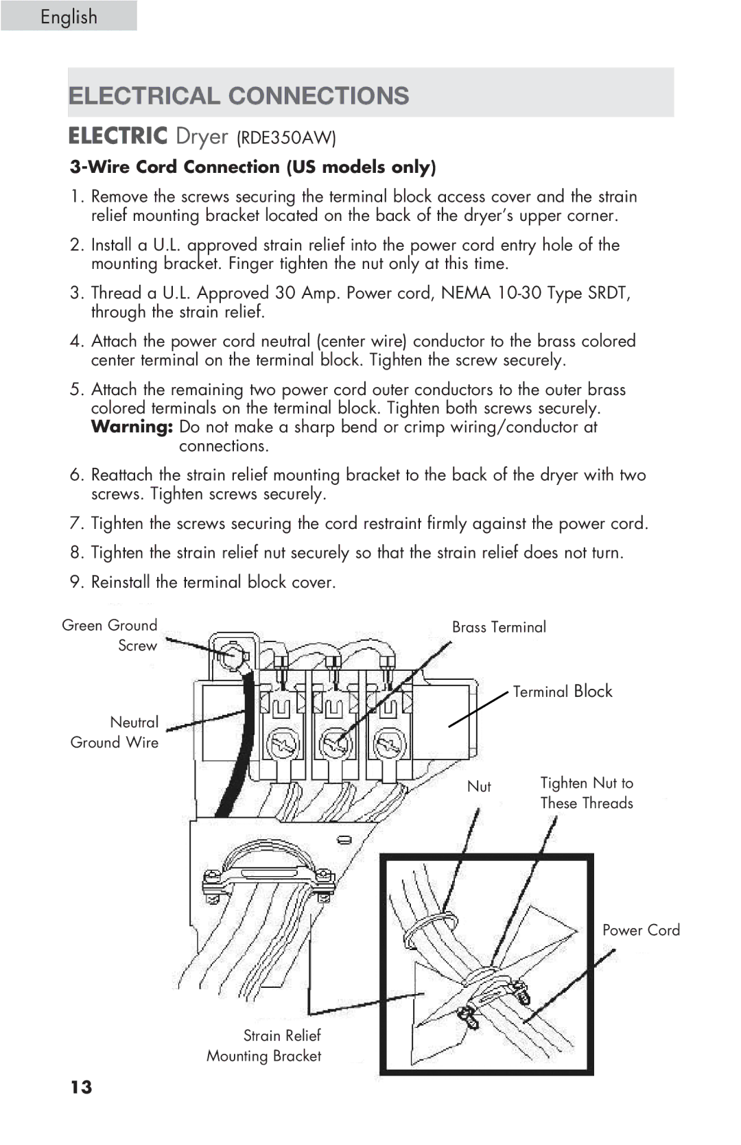 Haier RDE/RDG 350AW user manual Electrical Connections, Wire Cord Connection US models only 