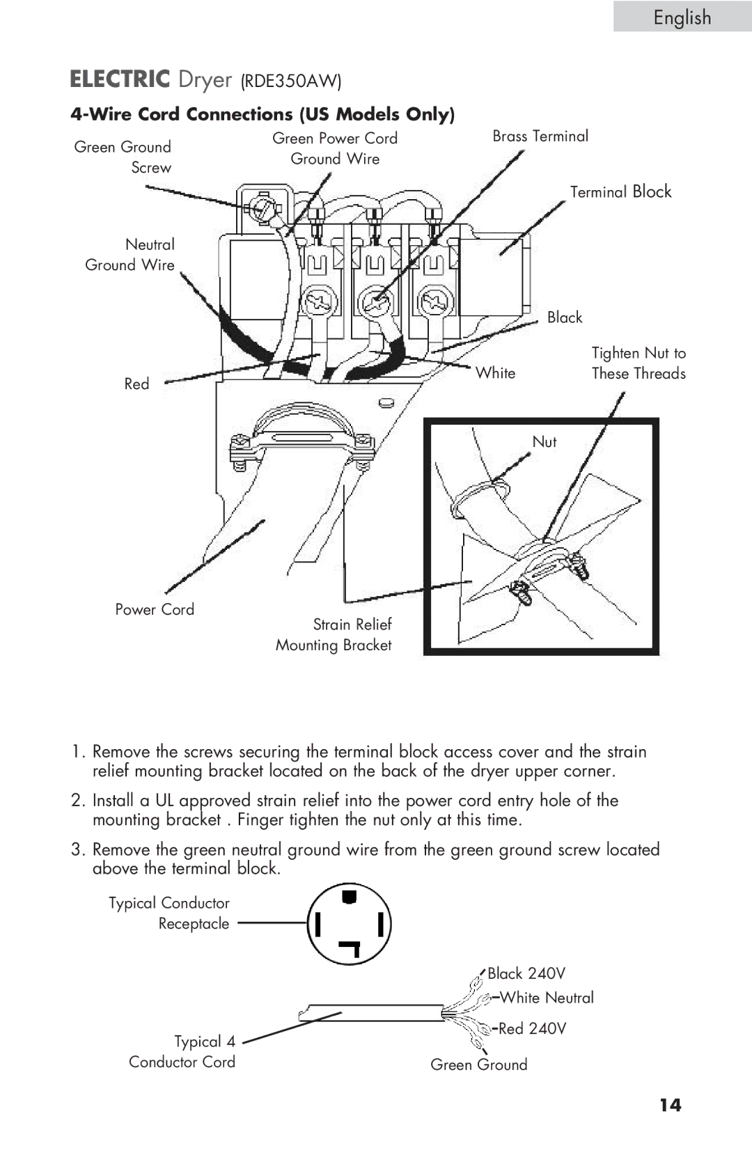 Haier RDE/RDG 350AW user manual Wire Cord Connections US Models Only 