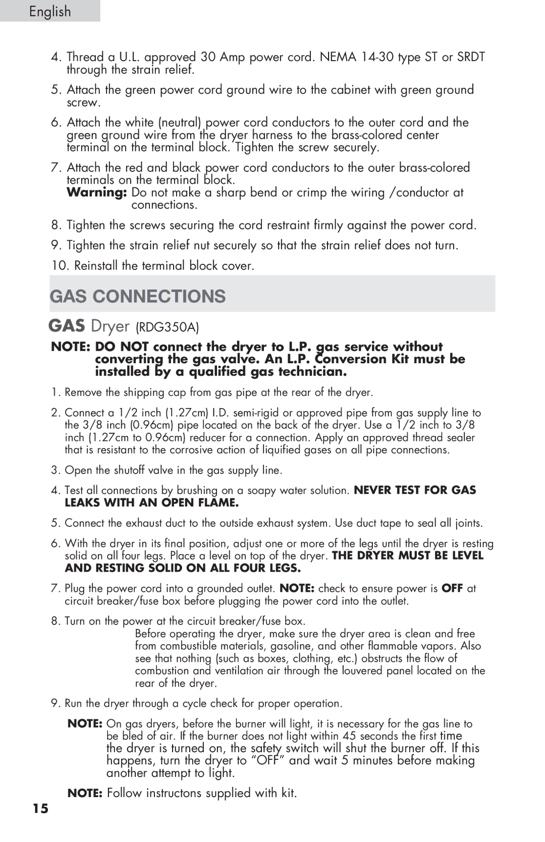 Haier RDE/RDG 350AW user manual GAS Connections, GAS Dryer RDG350A 