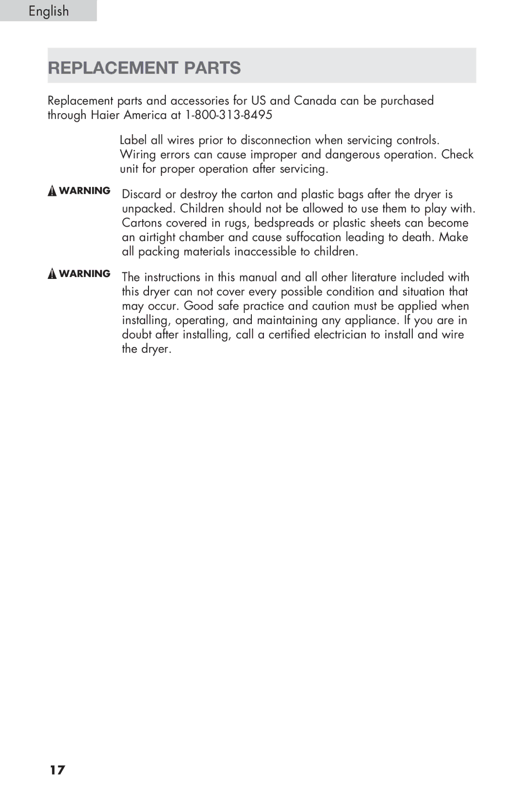 Haier RDE/RDG 350AW user manual Replacement Parts, All packing materials inaccessible to children 