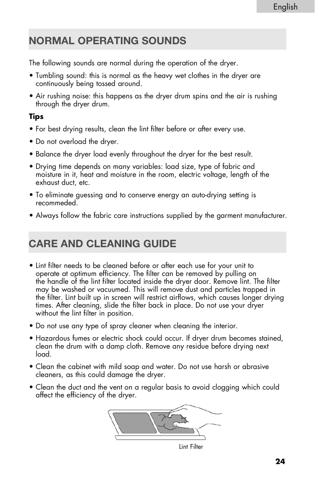 Haier RDE/RDG 350AW user manual Normal Operating Sounds, Care and Cleaning Guide, Tips 