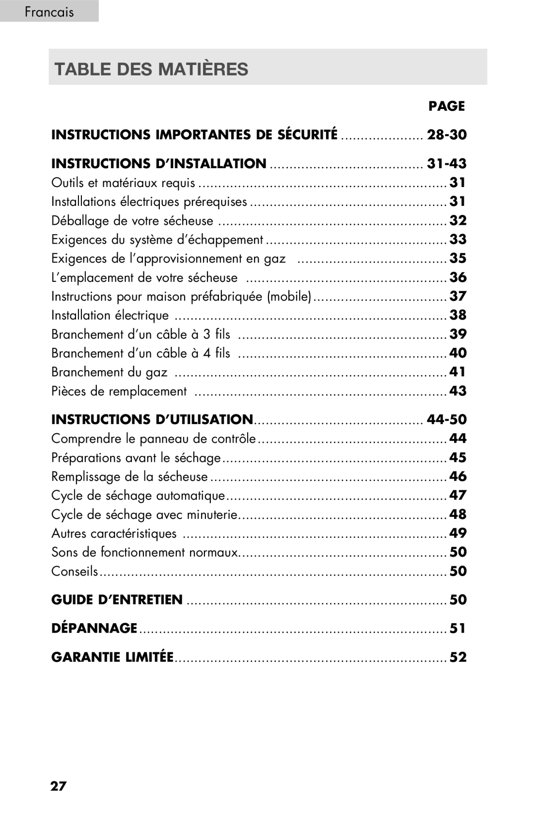 Haier RDE/RDG 350AW user manual Table des matières, Instructions d’utilisation 44-50 