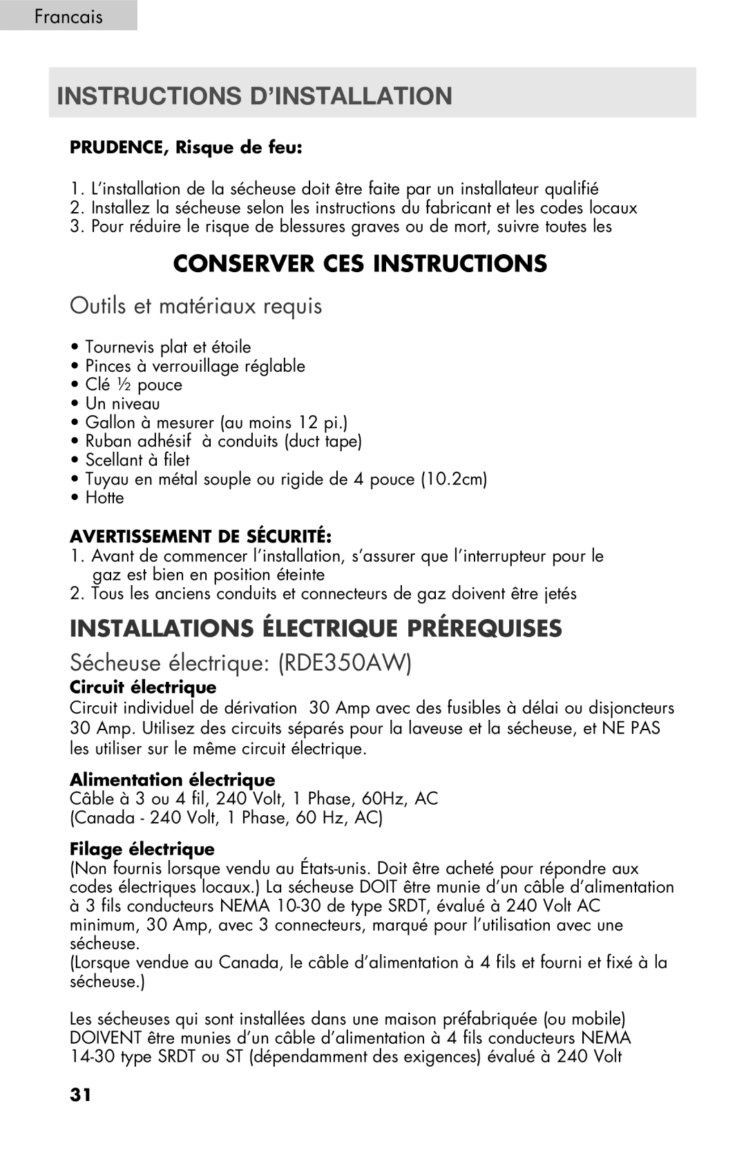 Haier RDE/RDG 350AW user manual Instructions D’INSTALLATION, Outils et matériaux requis, Sécheuse électrique RDE350AW 