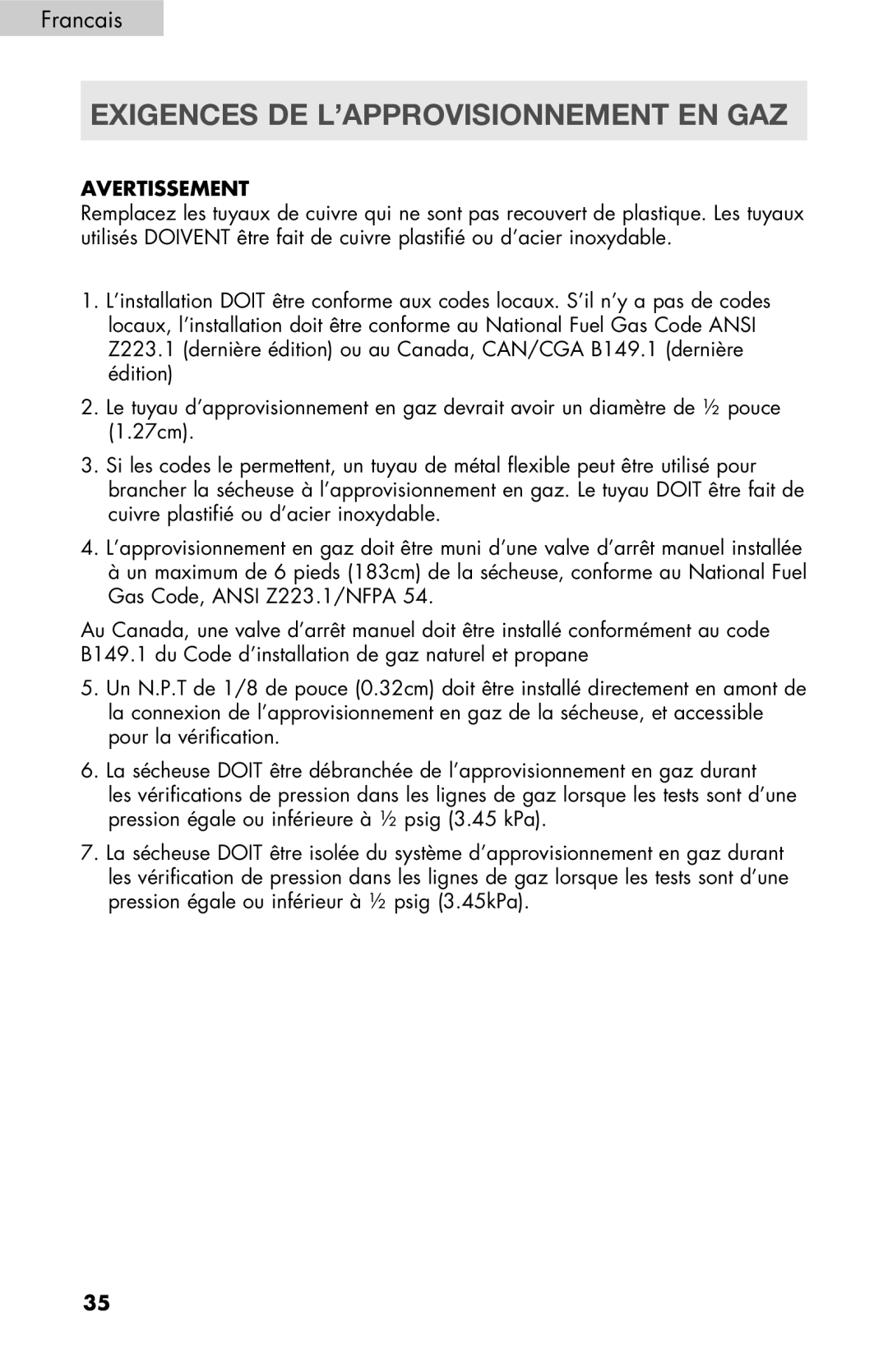 Haier RDE/RDG 350AW user manual Exigences DE L’APPROVISIONNEMENT EN GAZ, Avertissement 