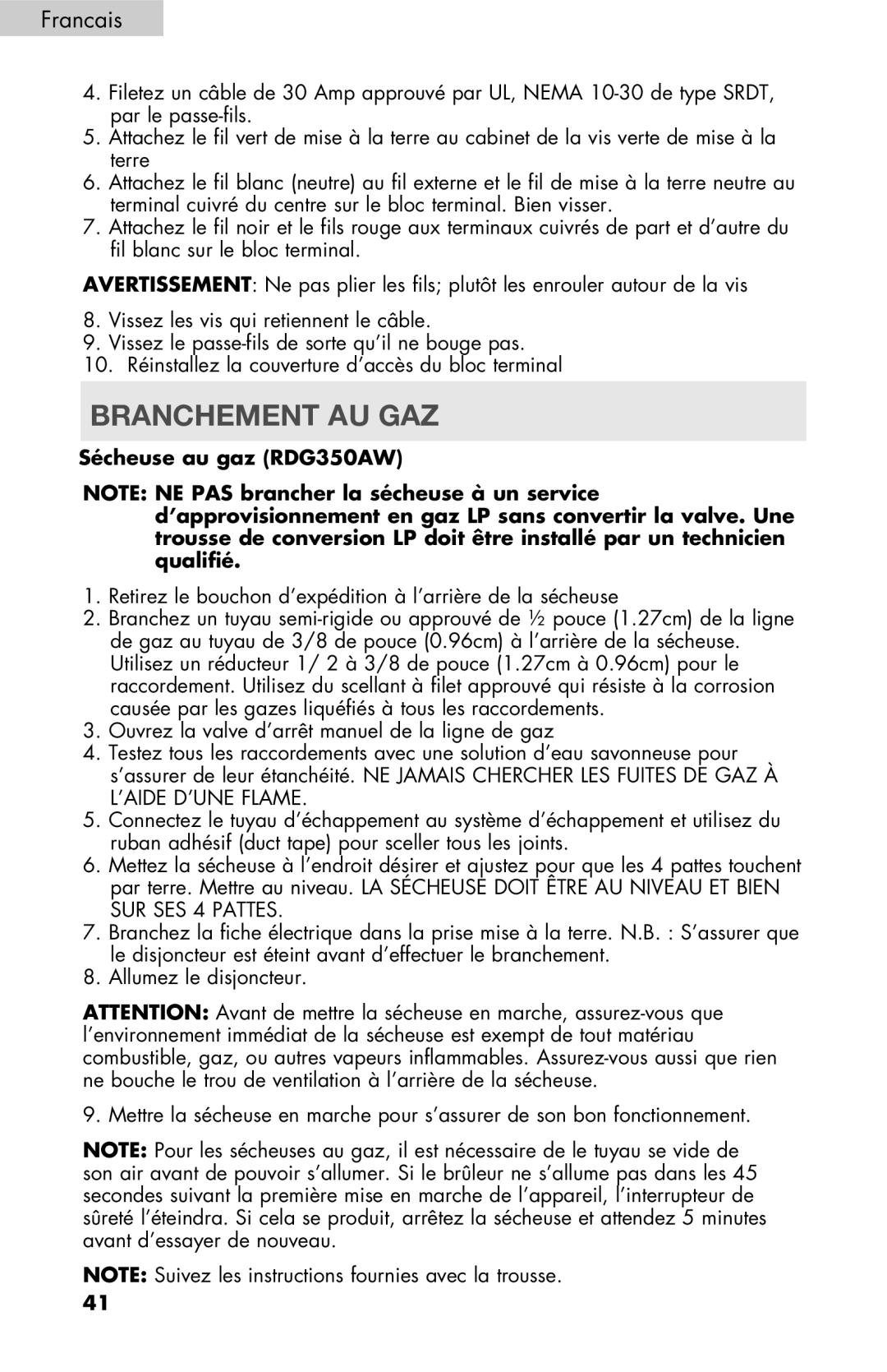 Haier RDE/RDG 350AW user manual Branchement AU GAZ, Sécheuse au gaz RDG350AW 