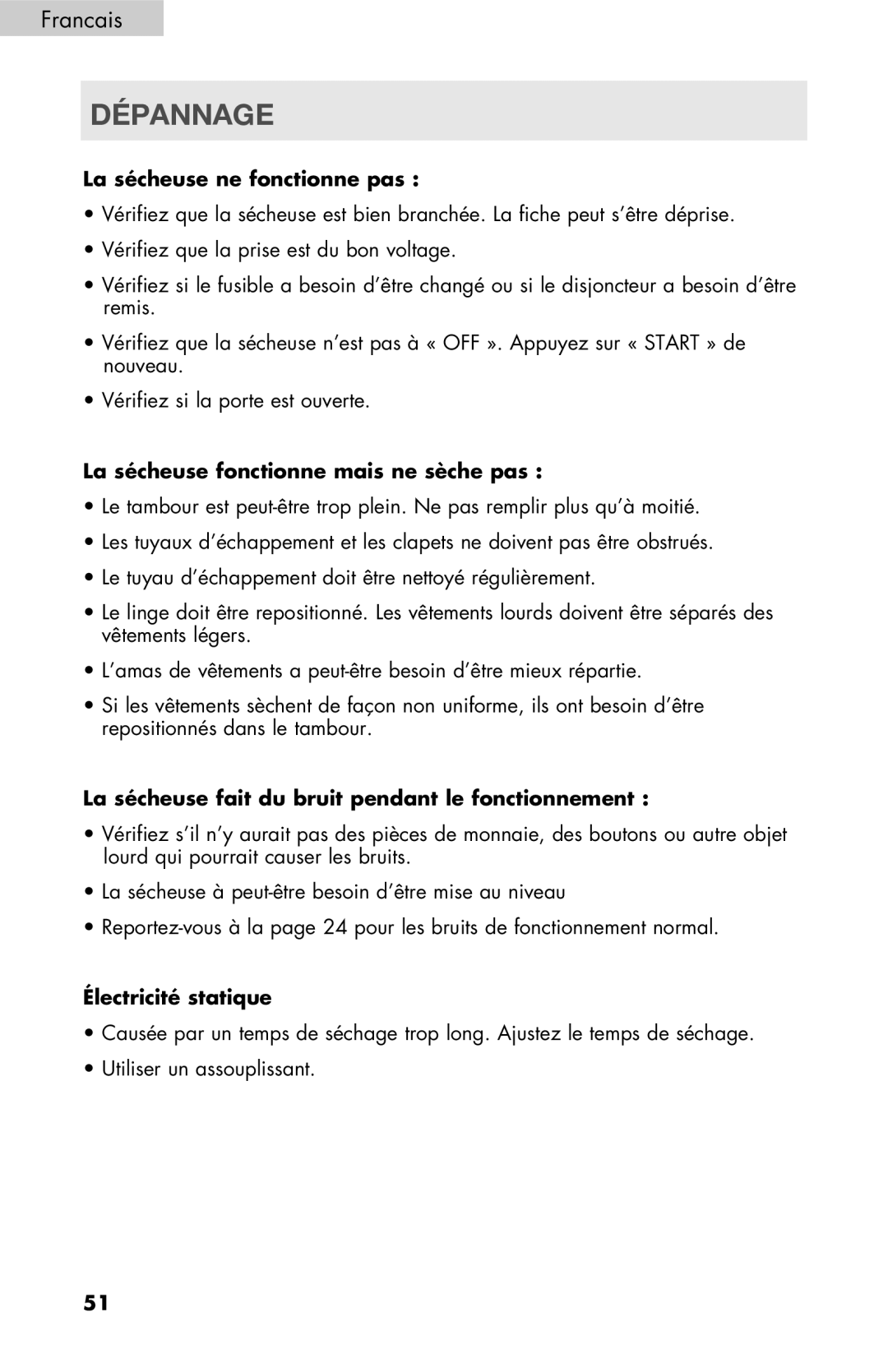 Haier RDE/RDG 350AW user manual Dépannage, La sécheuse ne fonctionne pas, La sécheuse fonctionne mais ne sèche pas 