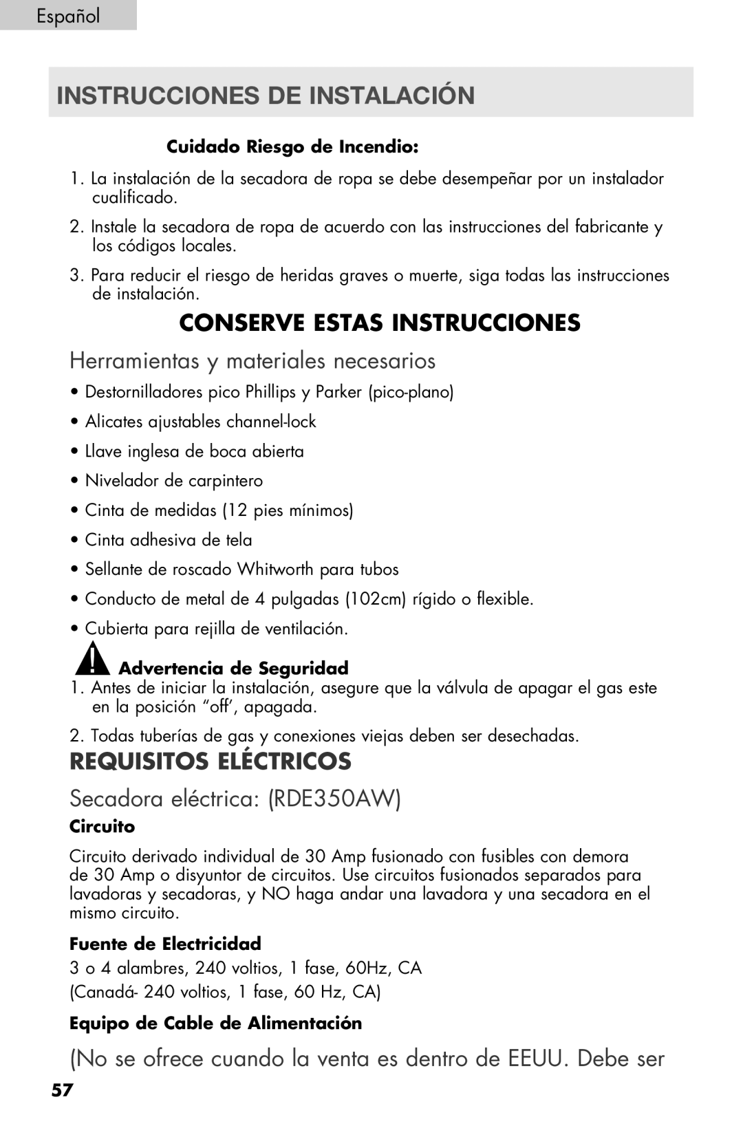 Haier RDE/RDG 350AW Instrucciones de instalación, Herramientas y materiales necesarios, Secadora eléctrica RDE350AW 