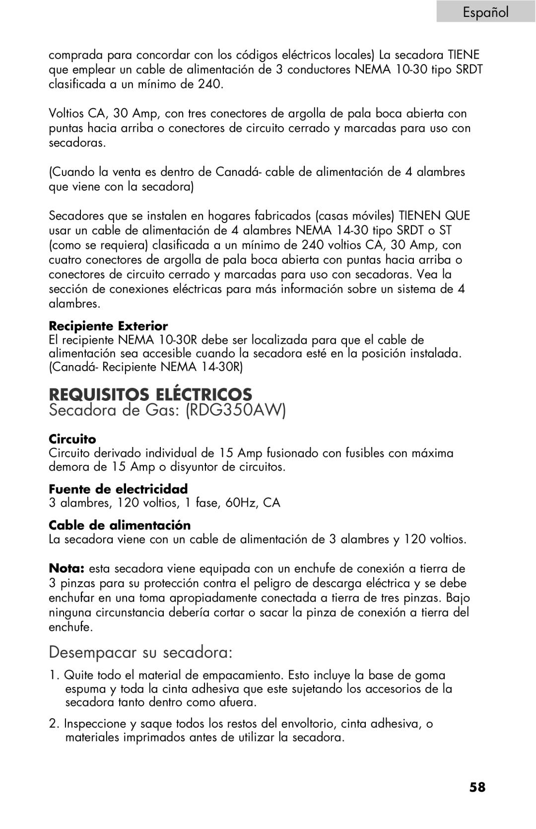 Haier RDE/RDG 350AW Secadora de Gas RDG350AW, Desempacar su secadora, Recipiente Exterior, Cable de alimentación 