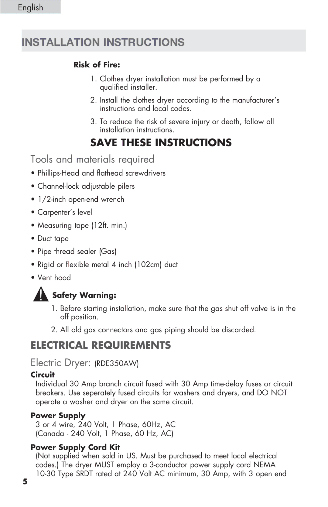 Haier RDE/RDG 350AW user manual Installation Instructions, Tools and materials required, Electric Dryer RDE350AW 