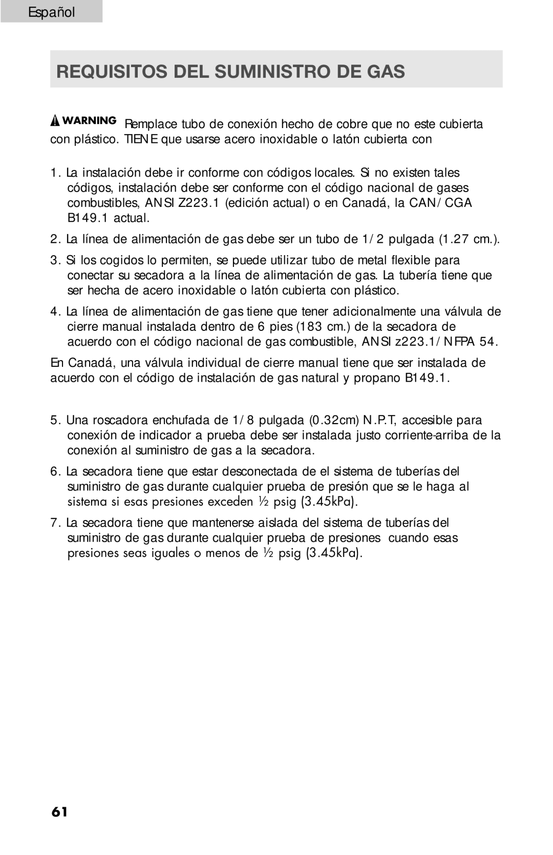 Haier RDE/RDG 350AW user manual Requisitos del suministro de gas 