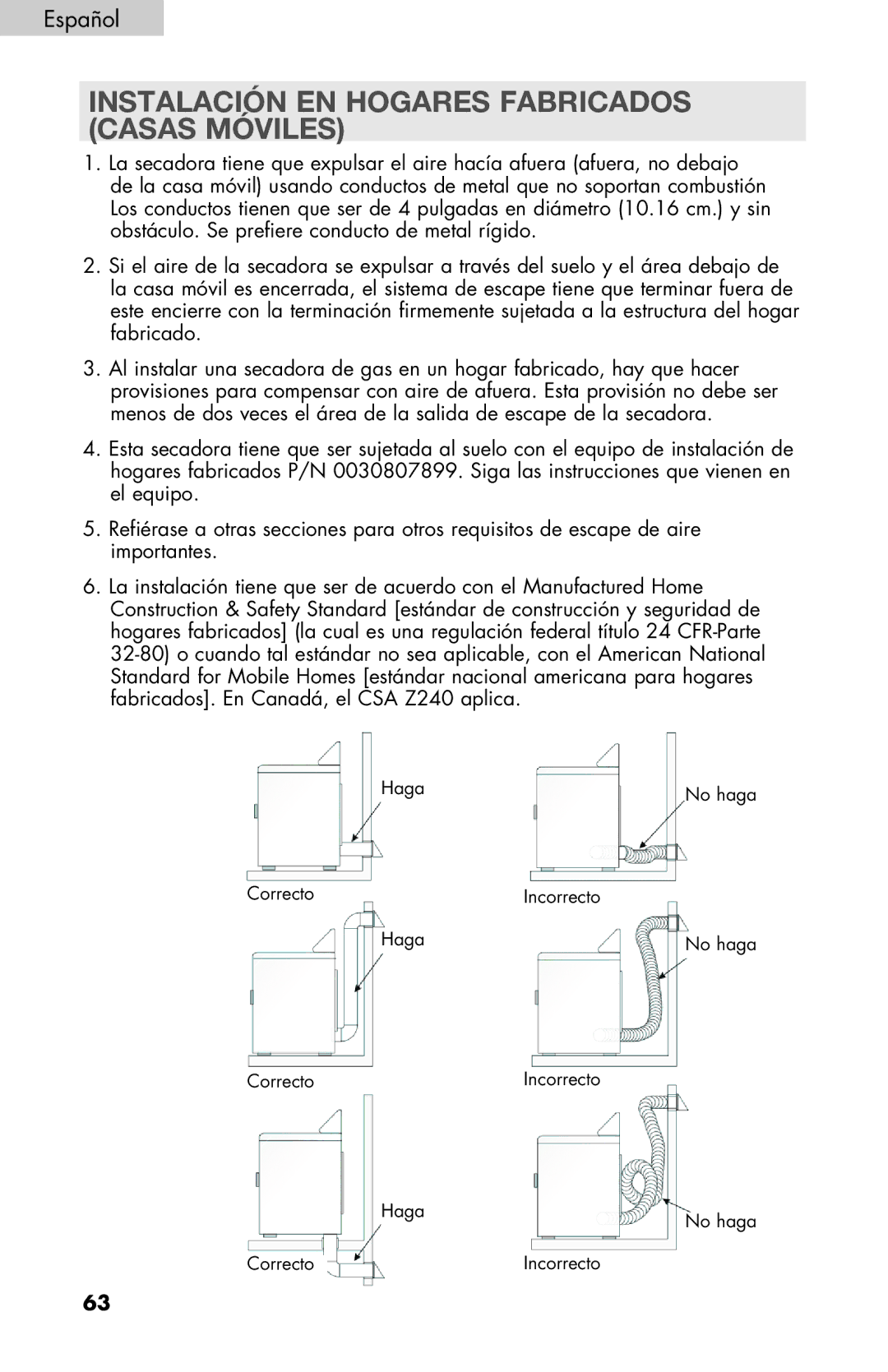 Haier RDE/RDG 350AW user manual Instalación en hogares fabricados casas móviles 